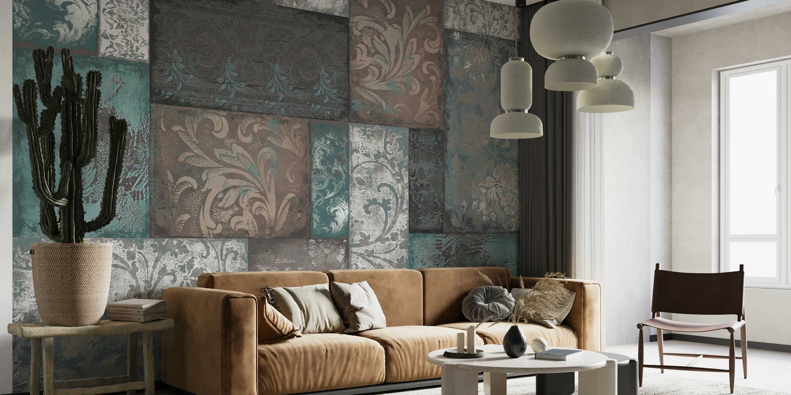 Bohemian Patchwork aqua taupe tapet i et rum
