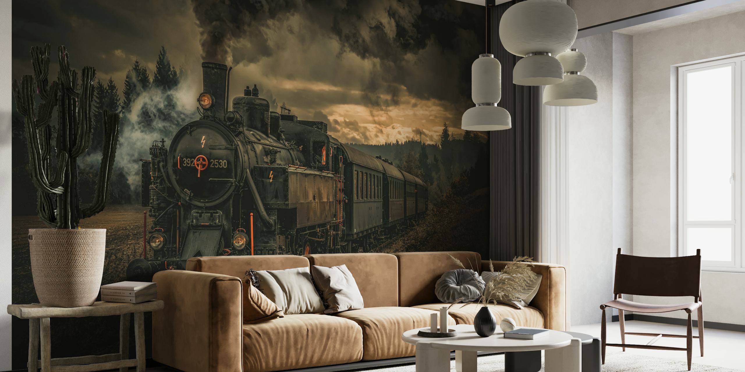 Papier peint mural de train à vapeur vintage avec un ciel maussade