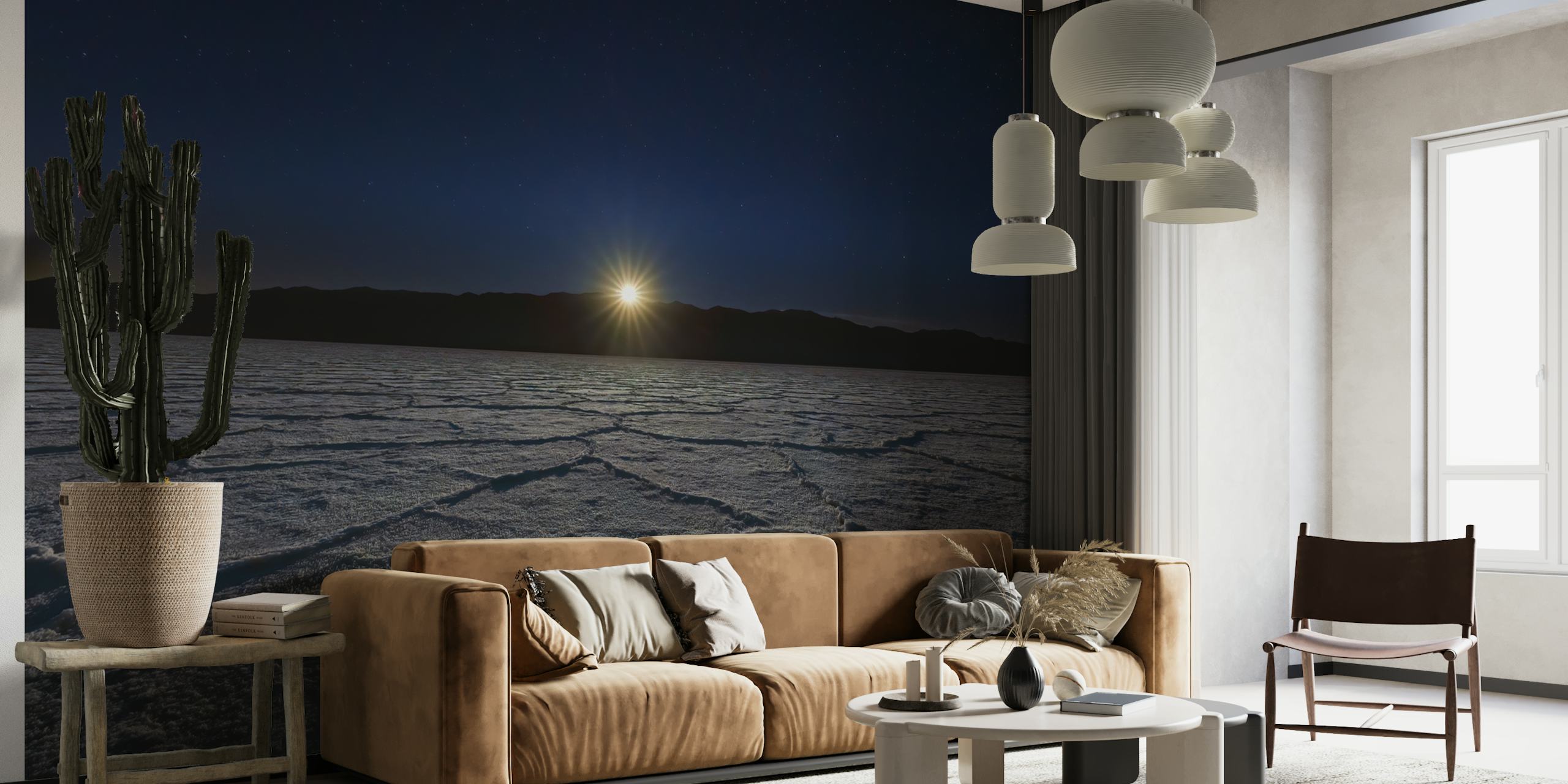 Moonset over a desert landscape wallpaper