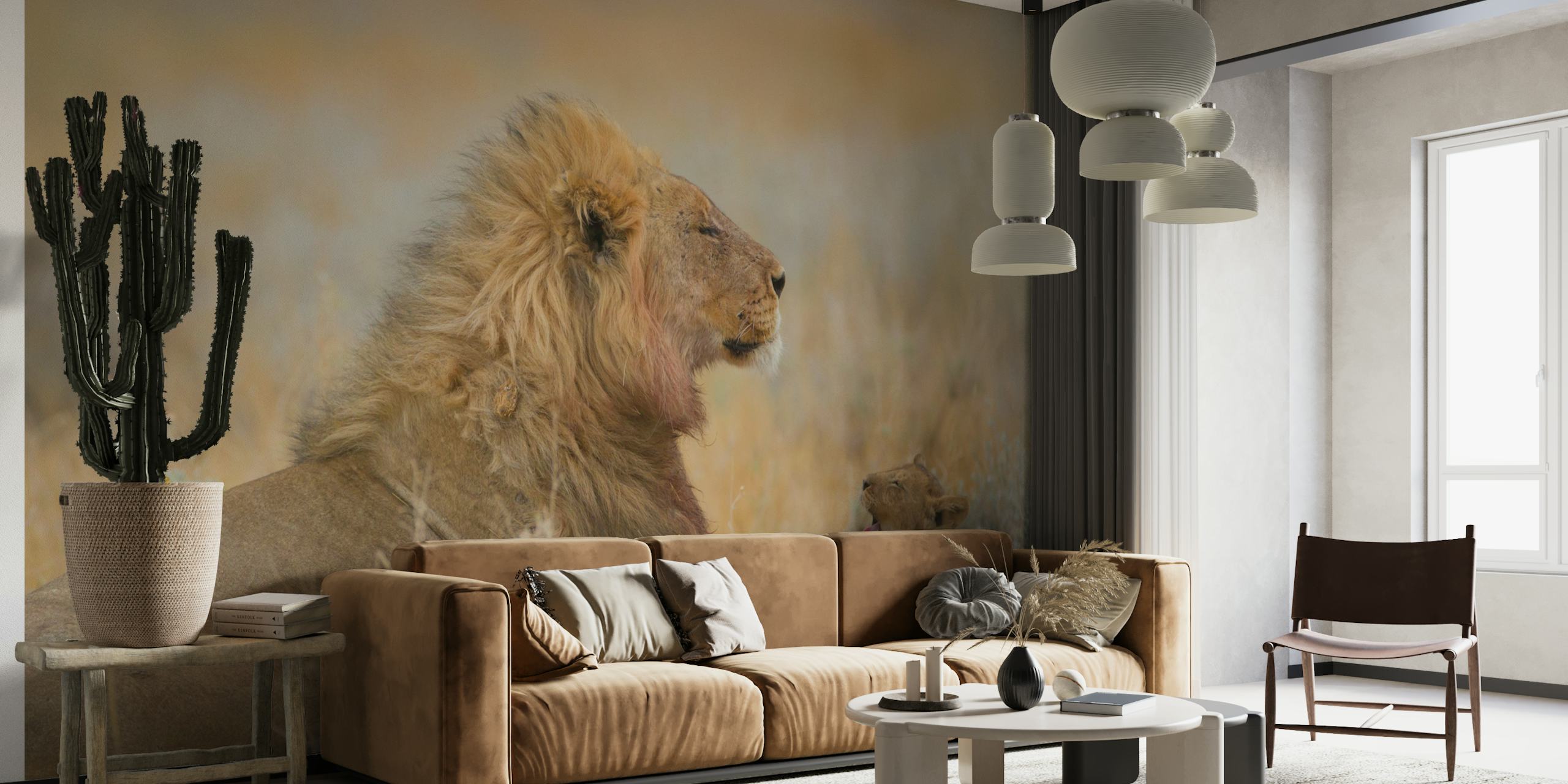 Male lion with cub papiers peint