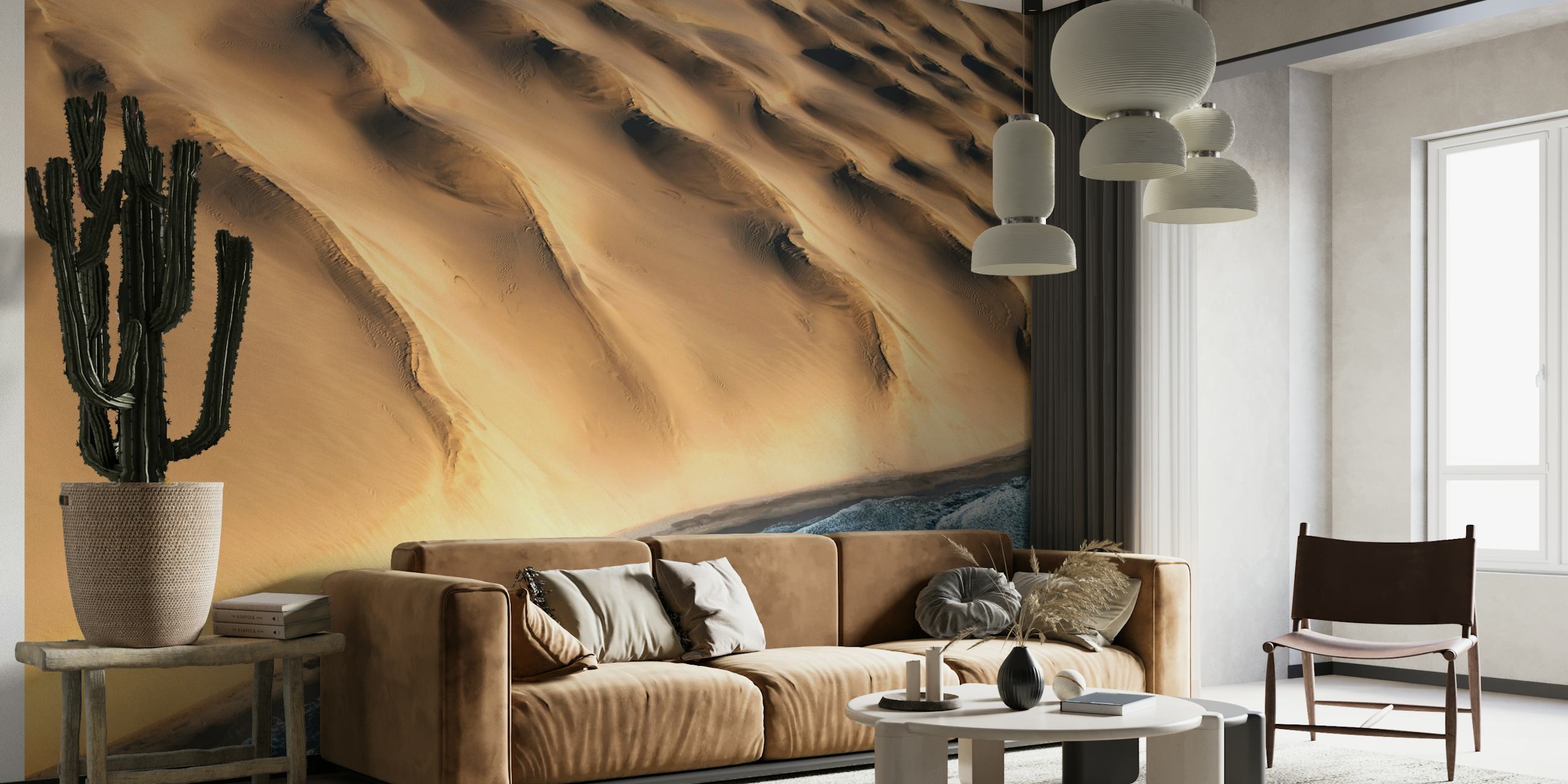 Namib Desert muurschildering met gouden zandduinen en schaduwpatronen