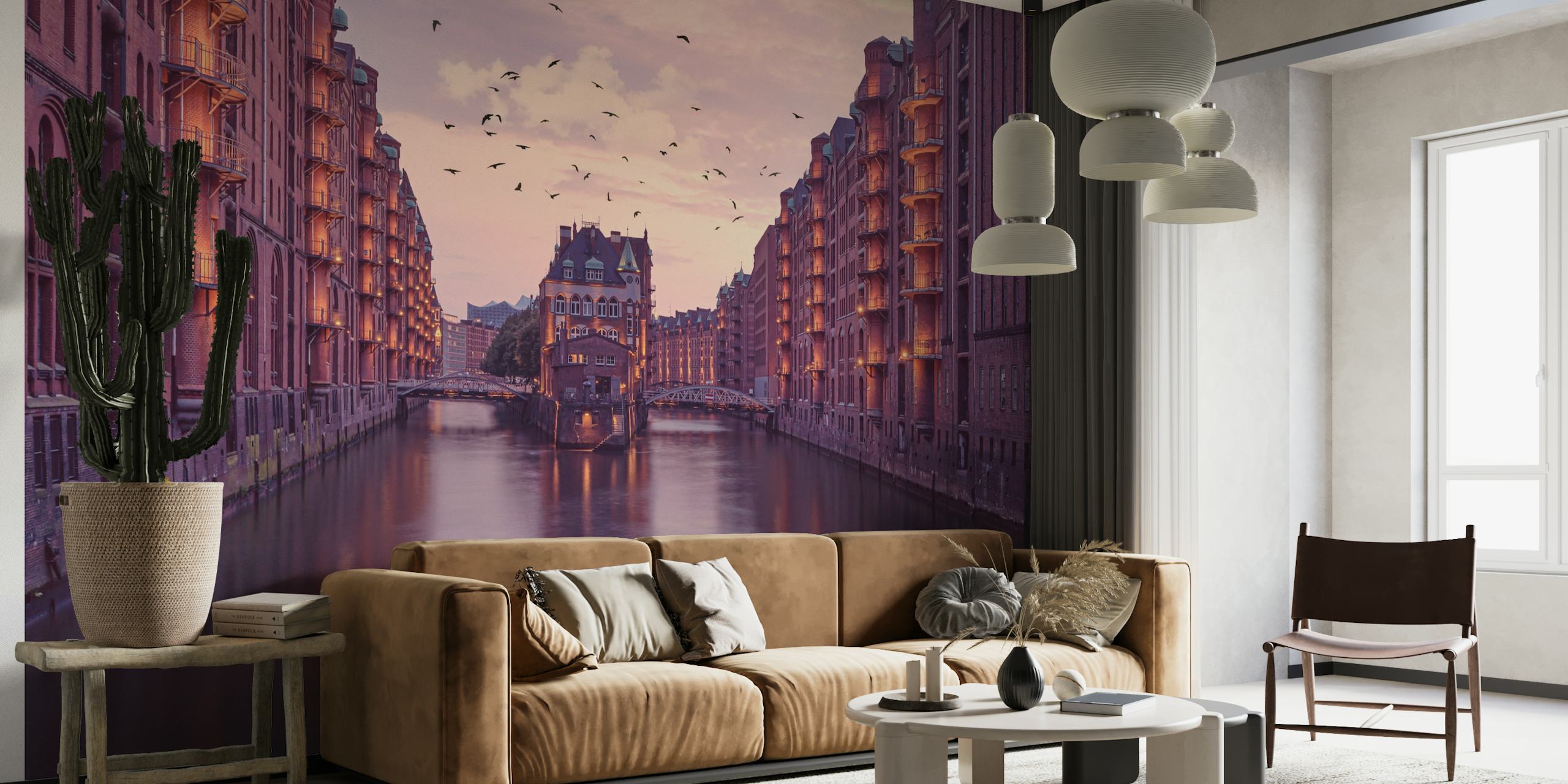 Tranquil waterside warehouses at dusk wall mural