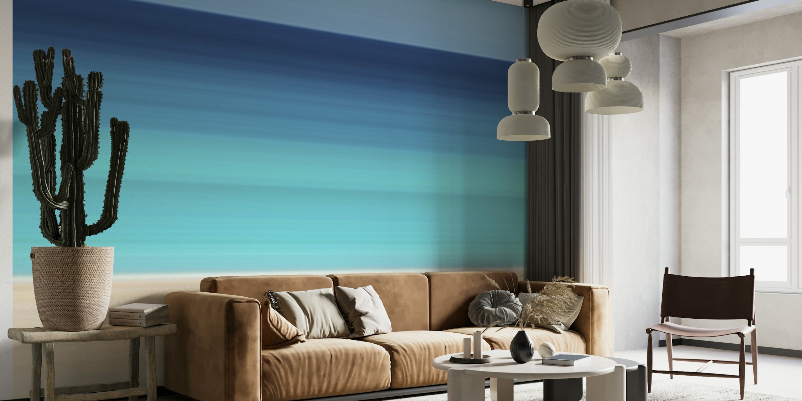 Abstract representation of Isla Mujeres with horizontal lines in shades of beach sand and ocean blues