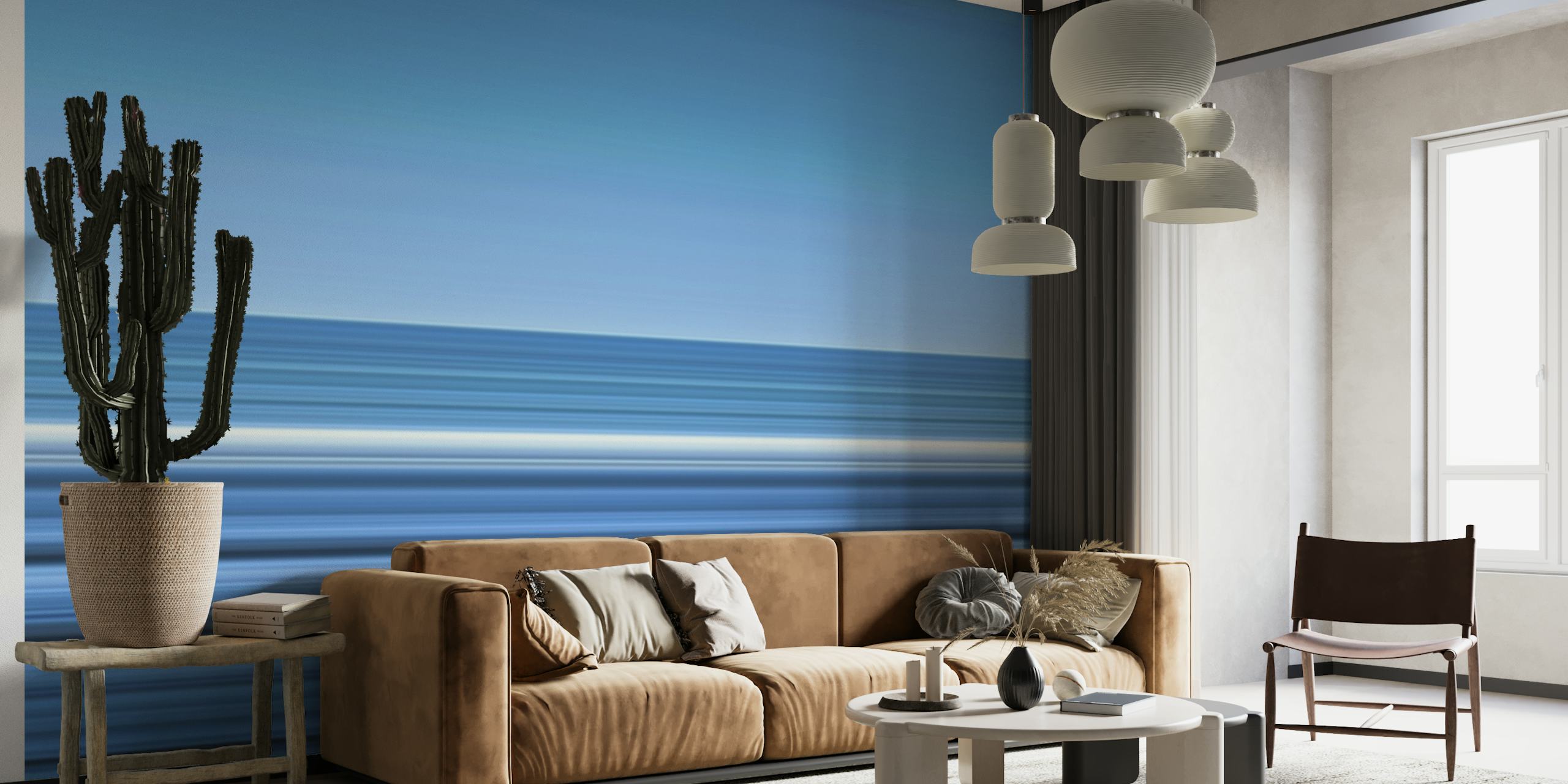 Mural abstracto 'Linje Cas Abao Beach' que representa serenas rayas horizontales de color azul.