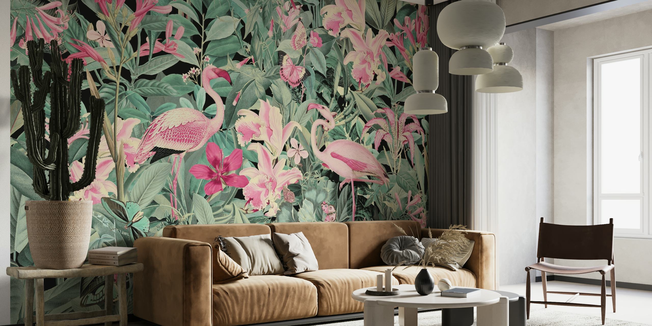 Rehevän vihreä ja vaaleanpunainen flamingoviidakon seinämaalaus