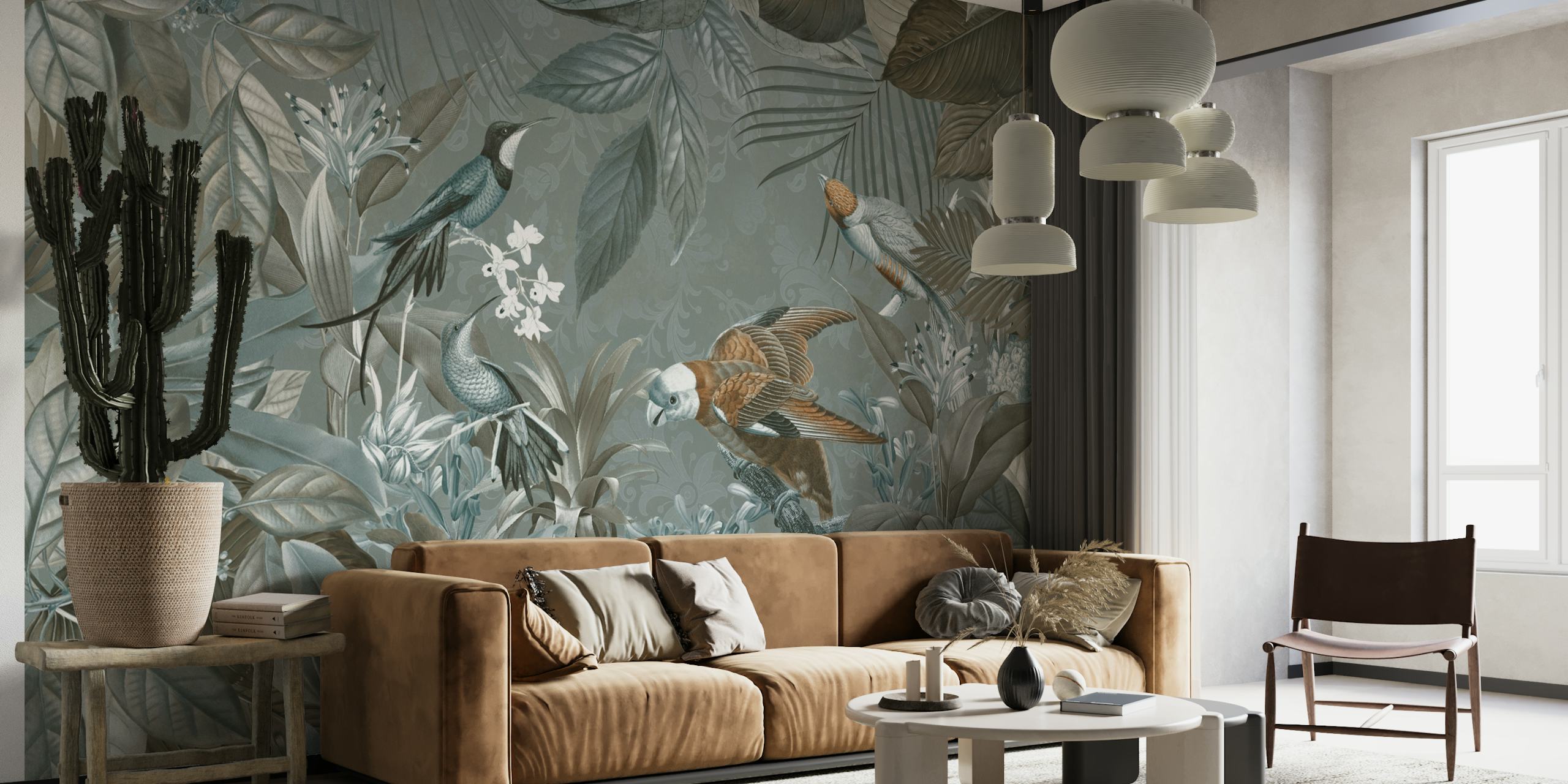 Tropical birds and foliage wall mural in greens and blues