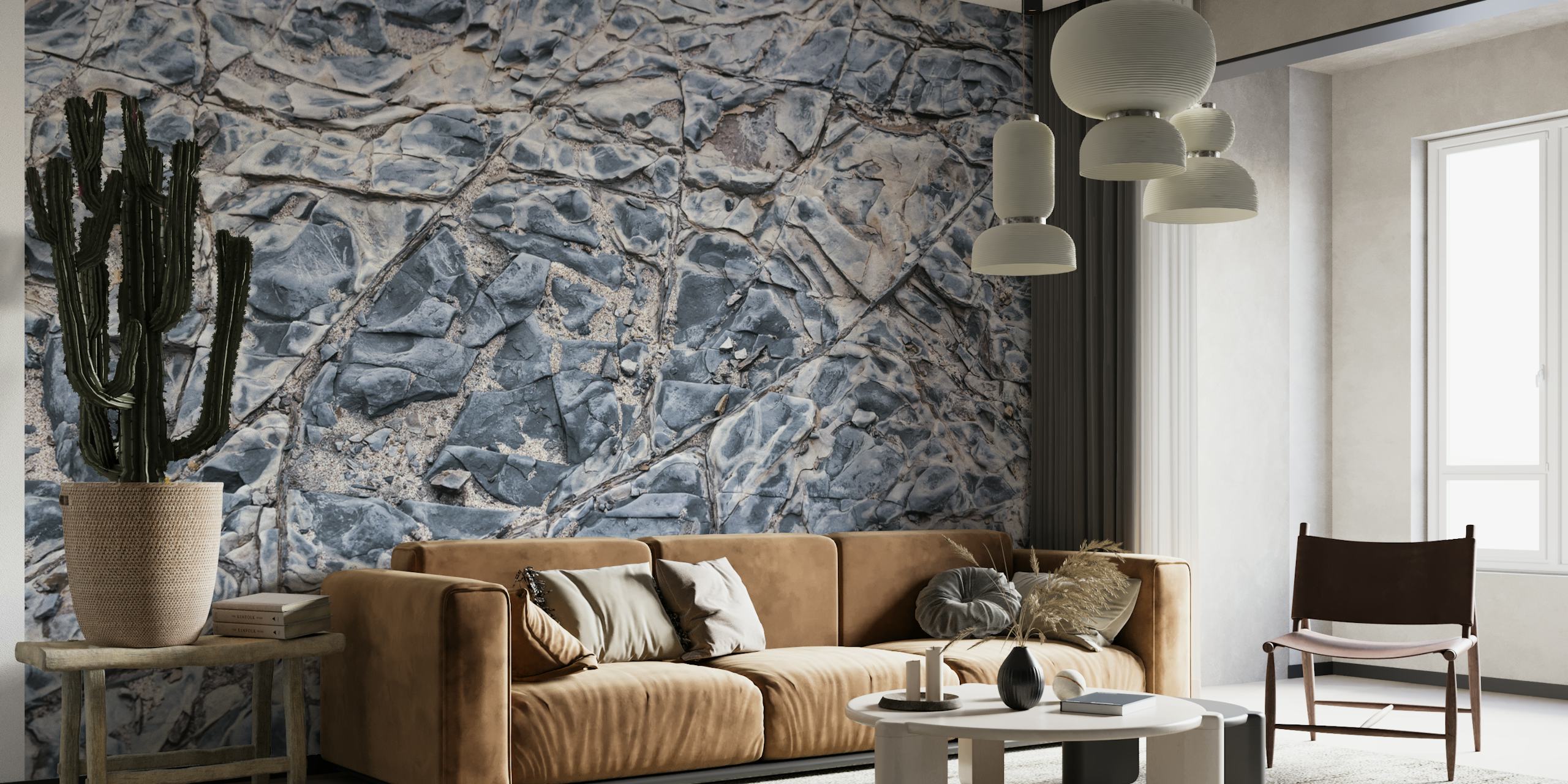 Textured grey rock wallpaper featuring layered stone patterns