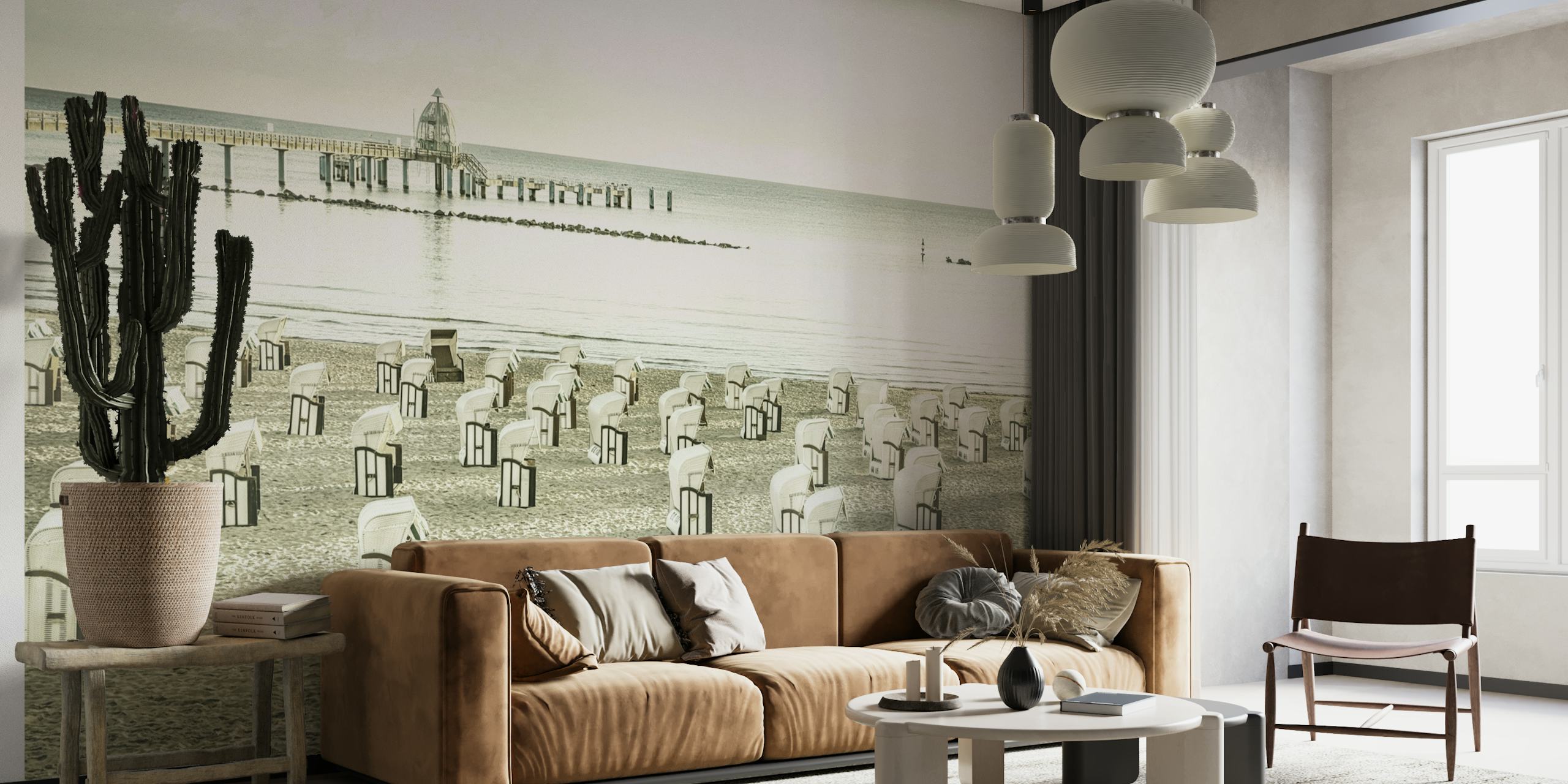 Baltic Sea beach with empty chairs in the morning light wall mural