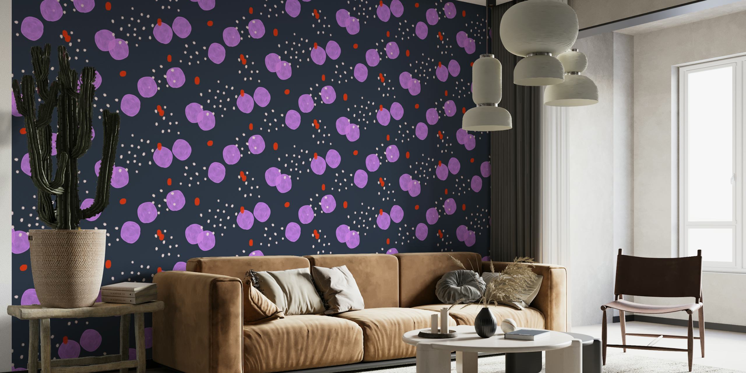 Purple and red polka dots on a blue background wallpaper