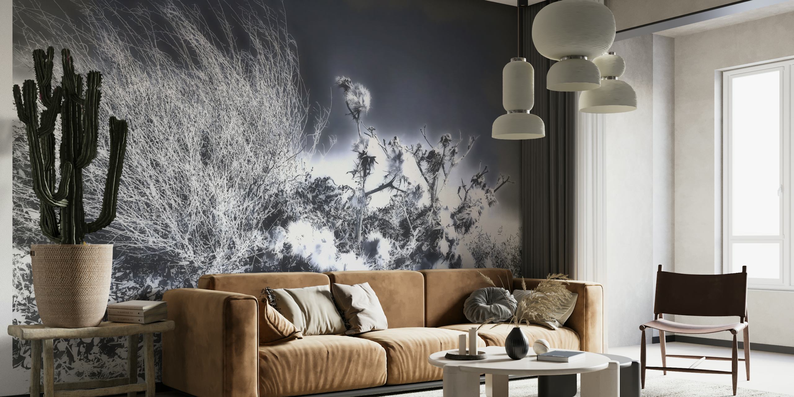 Arbres balayés par le vent dans une fresque murale monochrome de happywall.com