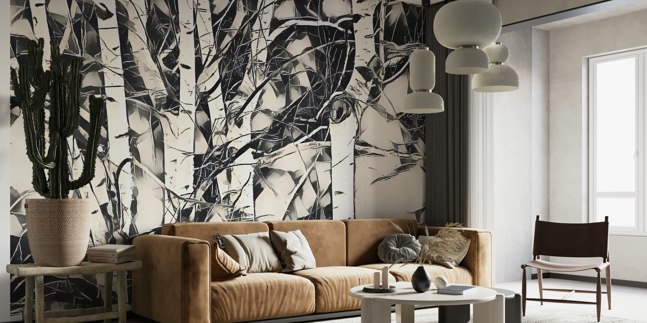 Black and white birch trees pattern wallpaper