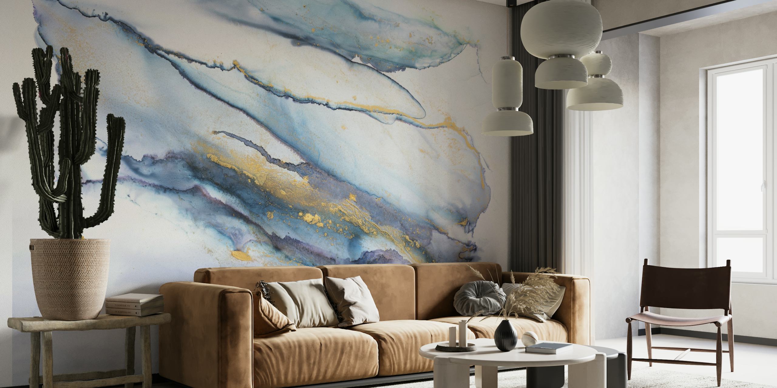 Indigo marble wallpaper with blue and gold abstract swirls