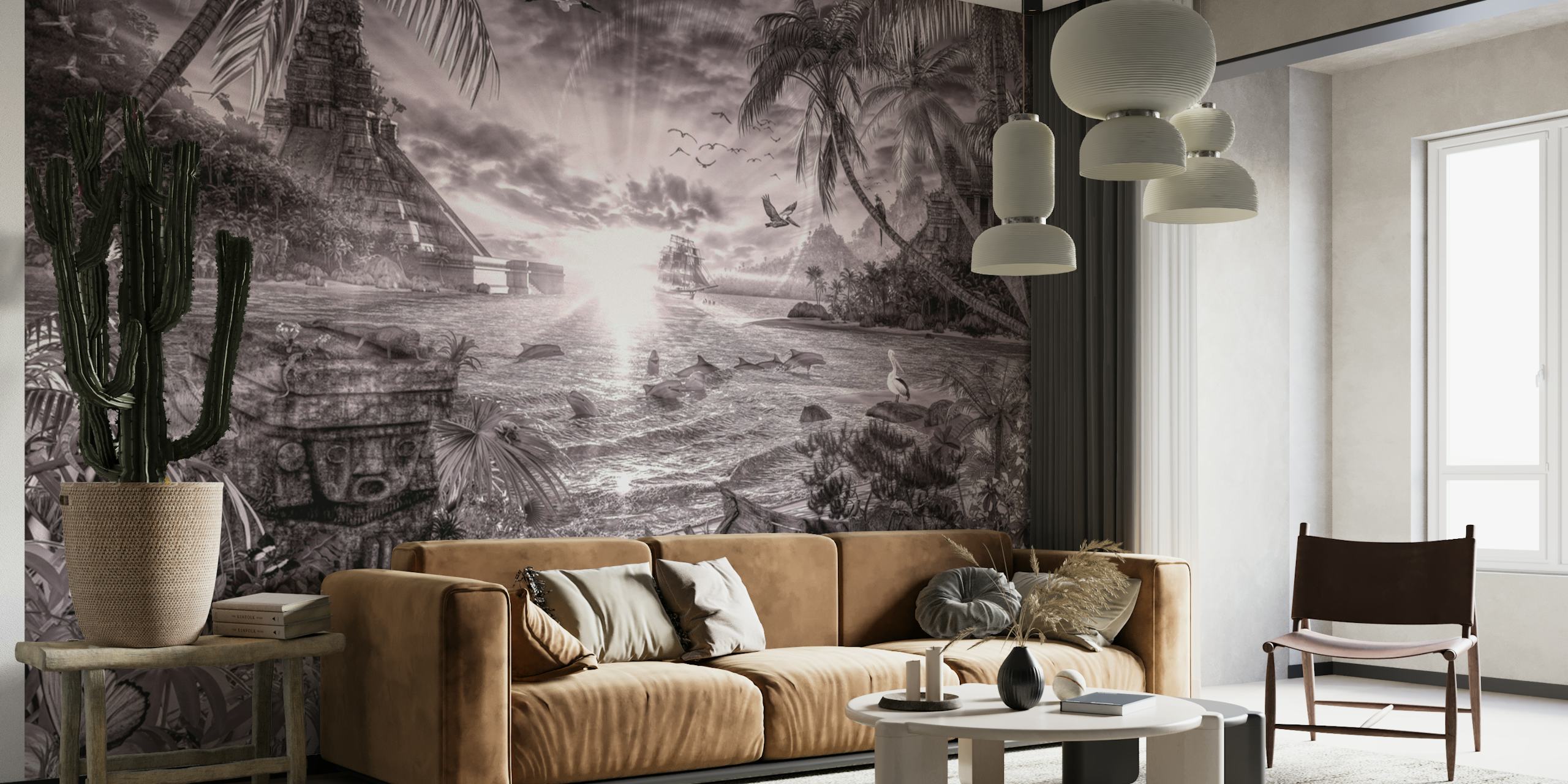 Peinture murale en noir et blanc représentant une baie mystique bordée de palmiers avec des rayons de soleil perçant le feuillage.