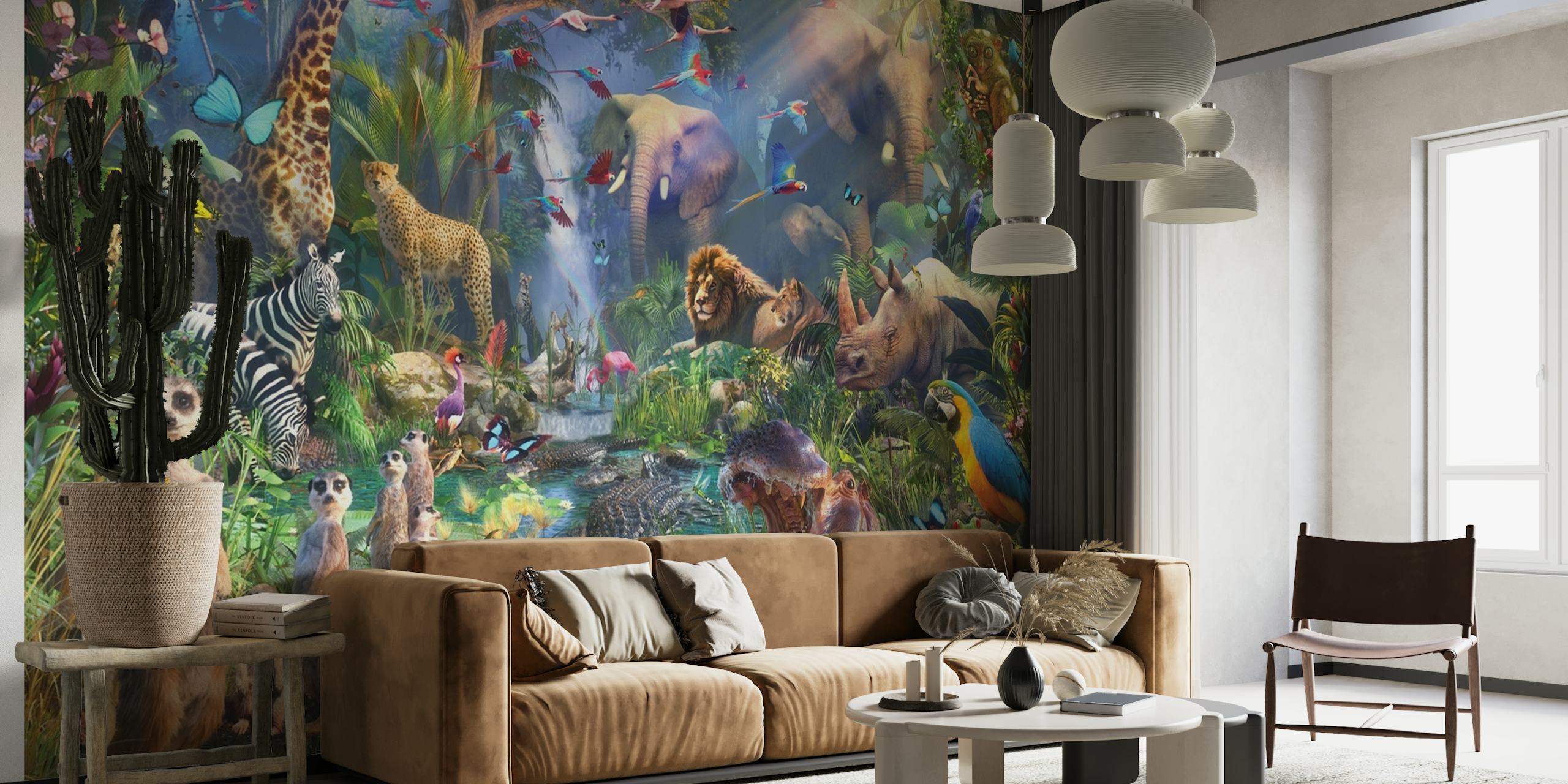 Tropical jungle wall mural featuring vibrant wildlife and lush greenery