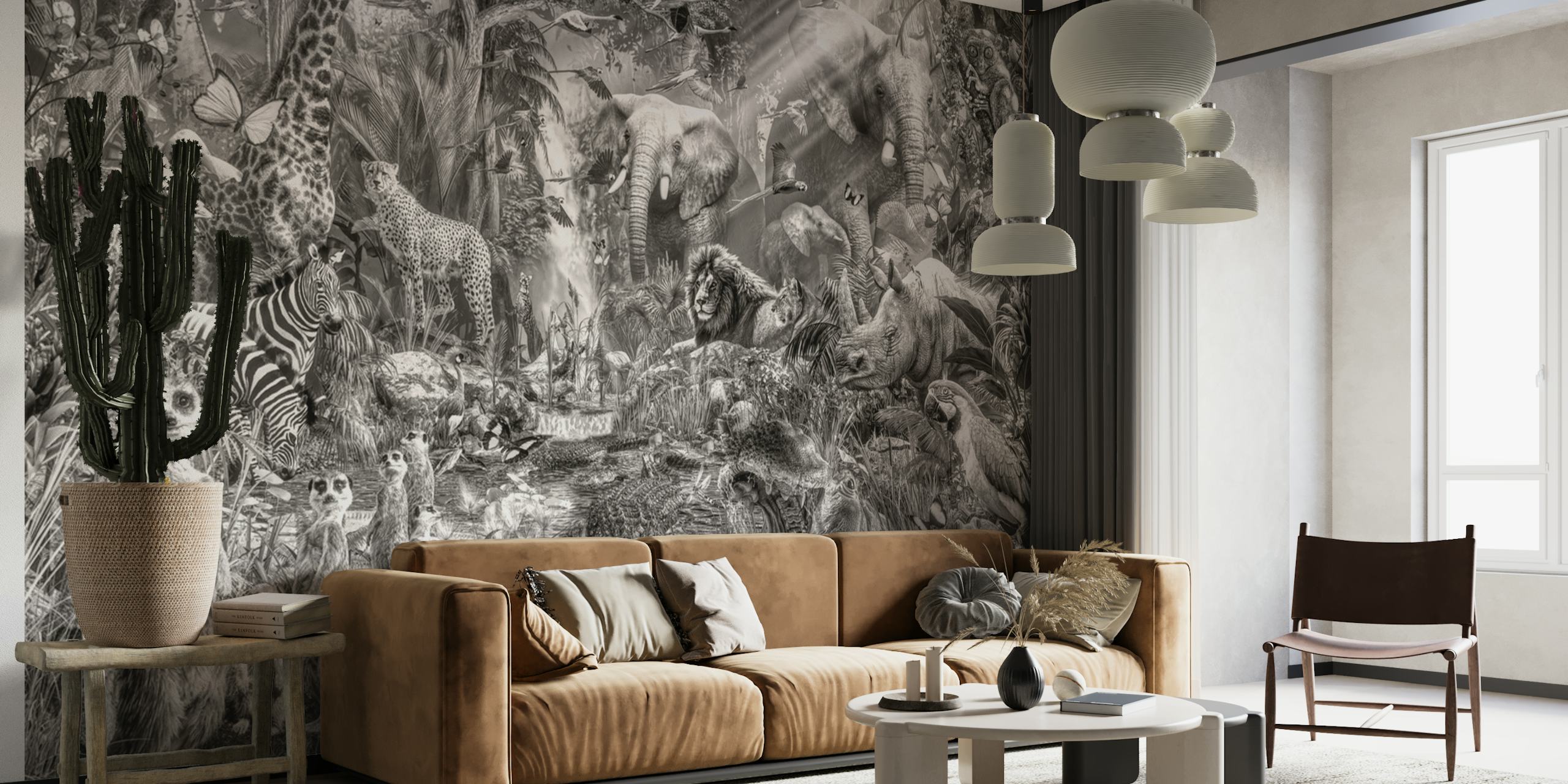 Jungle animal scene with elephants, lions, and zebras in black and white wallpaper