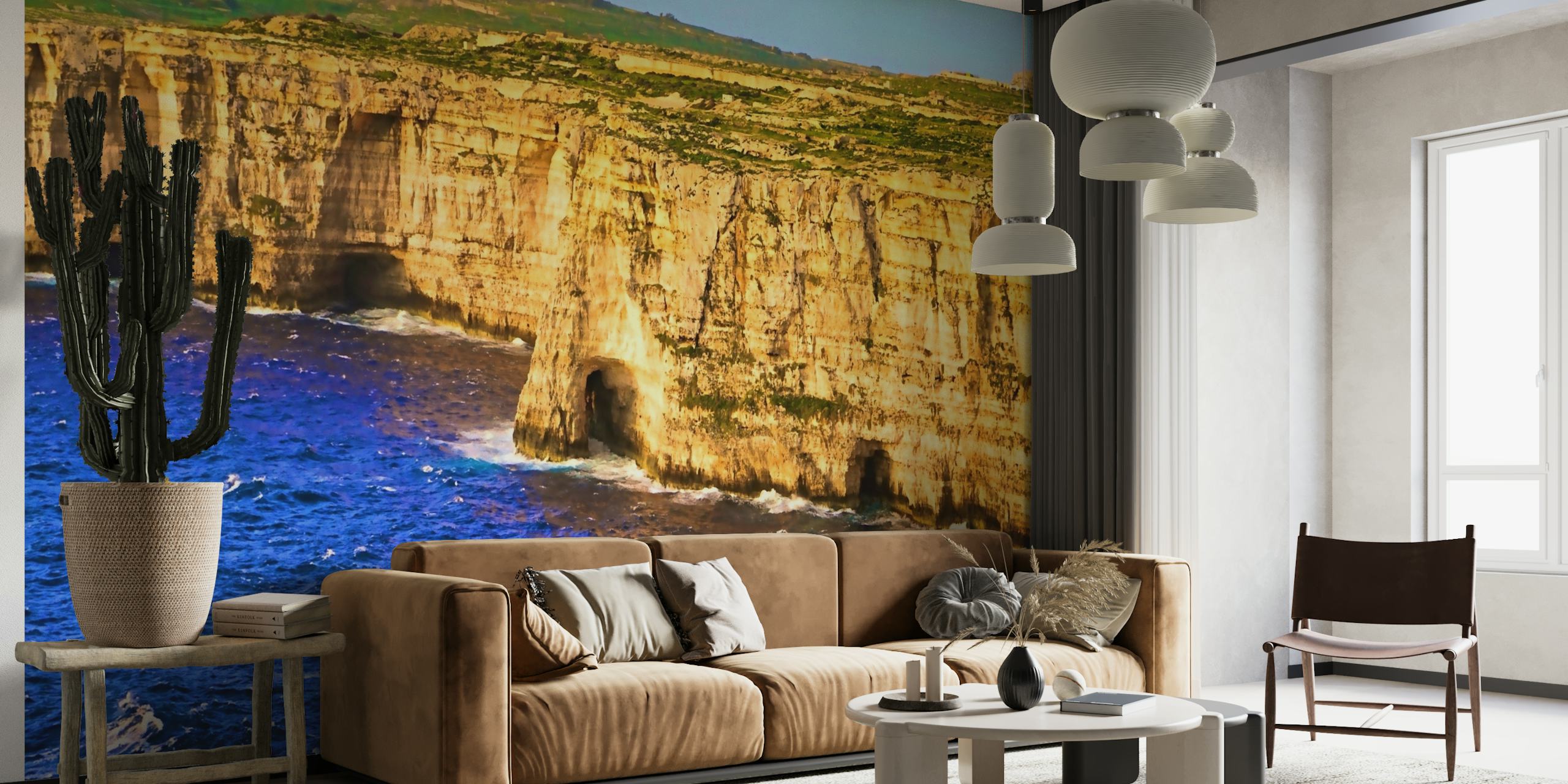 Soothing seascape wall mural with blue ocean waters and rugged cliffs