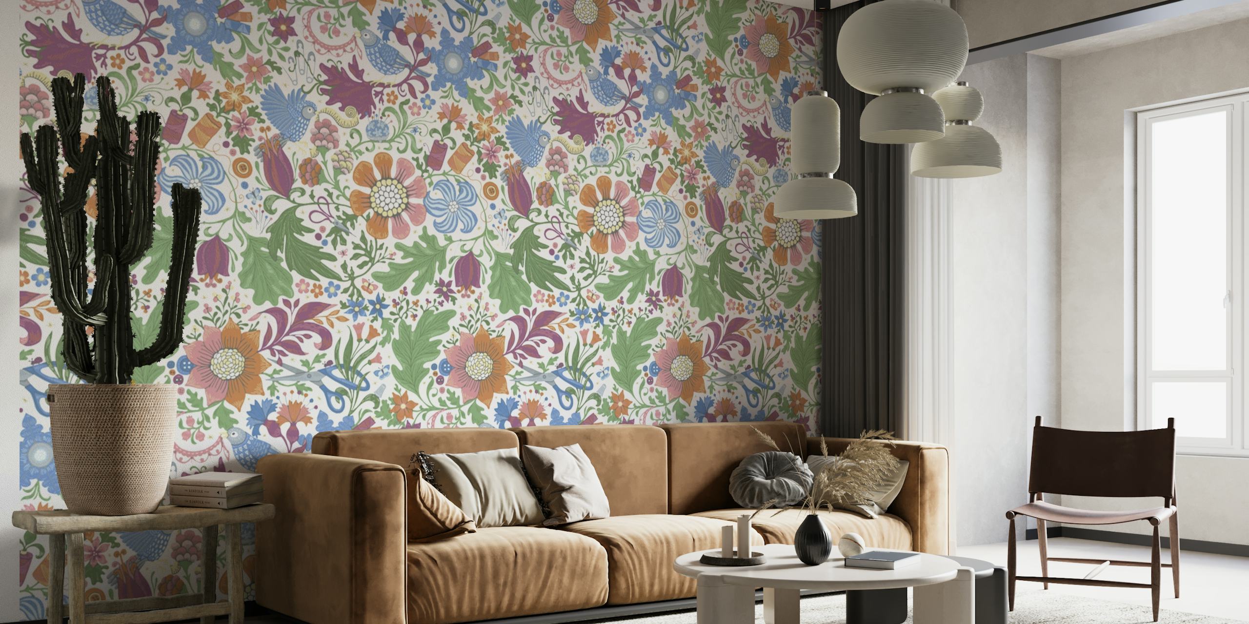 Elegant paisley og blomstermønster vægmaleri i blød hvid med pastelfarver