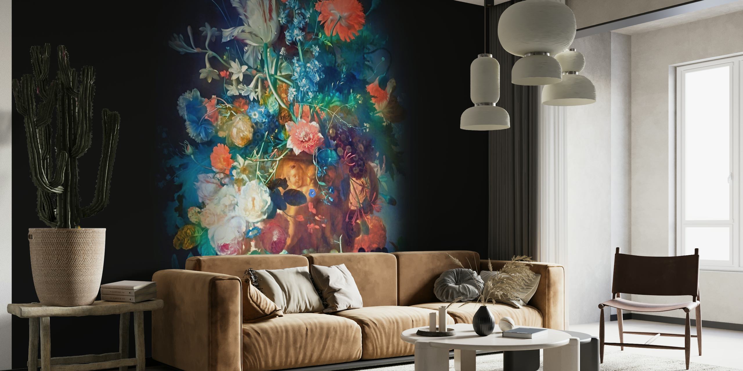 Colorful floral wallpaper in a room setting