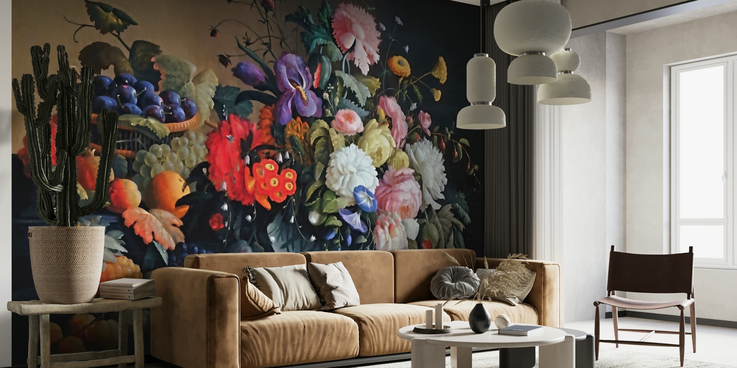 Colorful flower arrangement wallpaper in a room