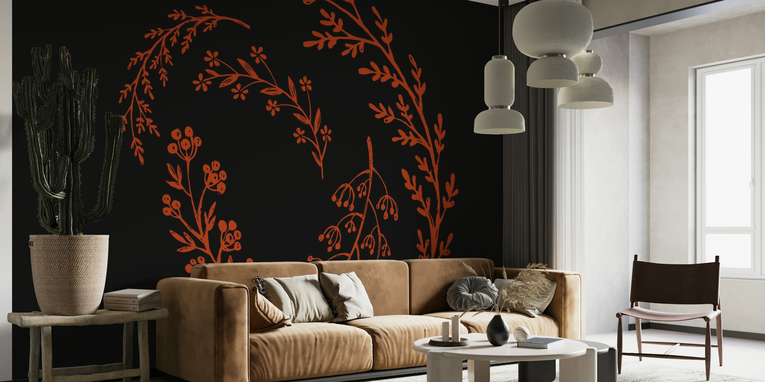 Red hand drawn vintage floral design with stems on black wallpaper
