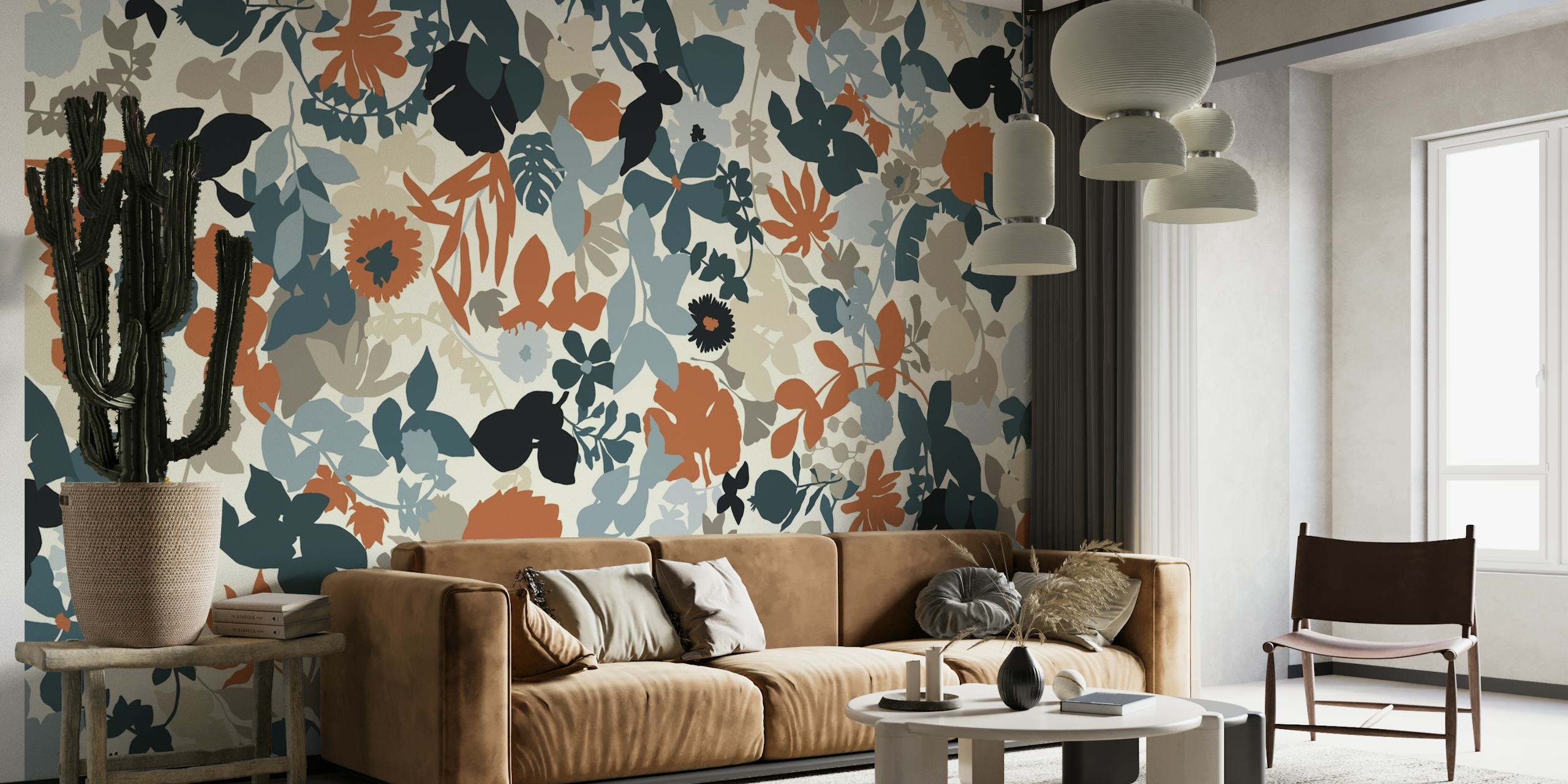 Botanical patterned wallpaper in rust blue and grey tones