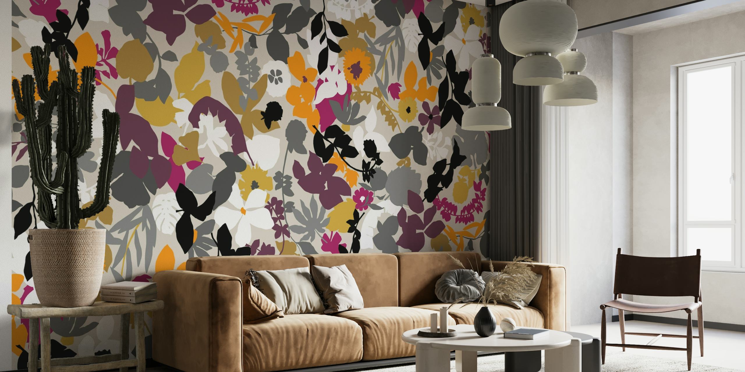 Abstract fotobehang met bladeren in de kleuren mosterd, grijs en paars