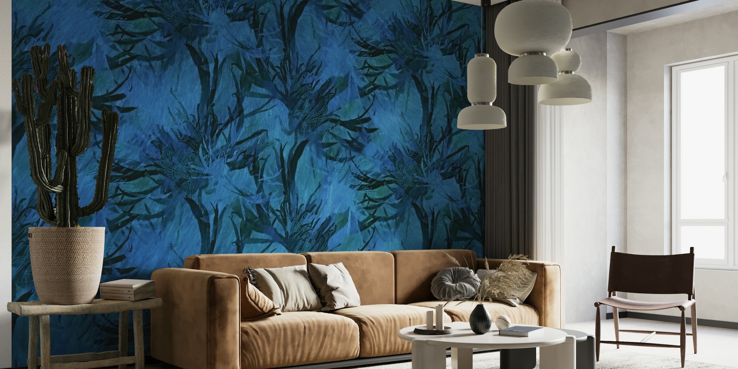 Teal floral silhouettes on deep blue background wall mural