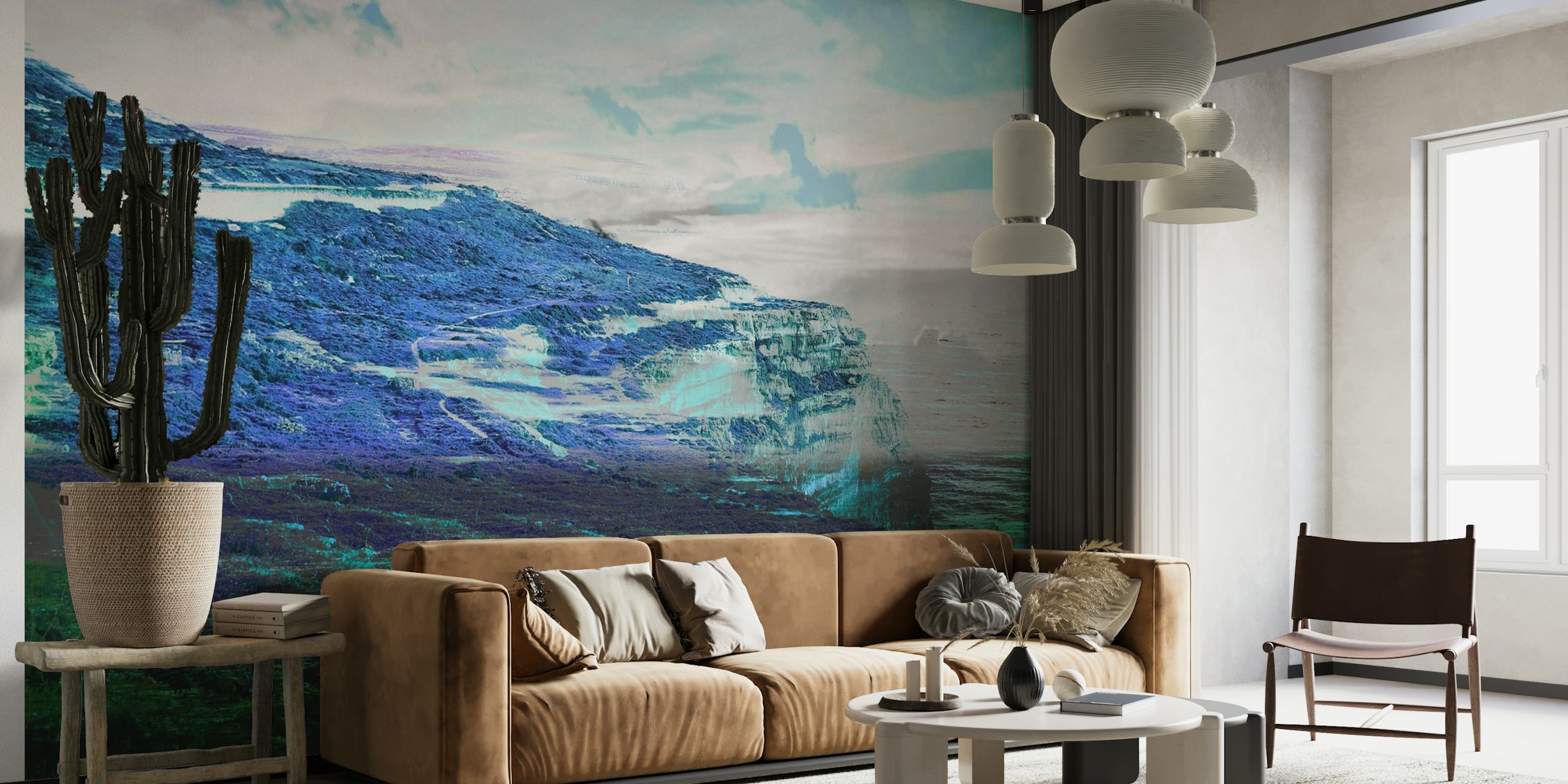 Nordic mountain landscape wall mural with misty blue and green hues