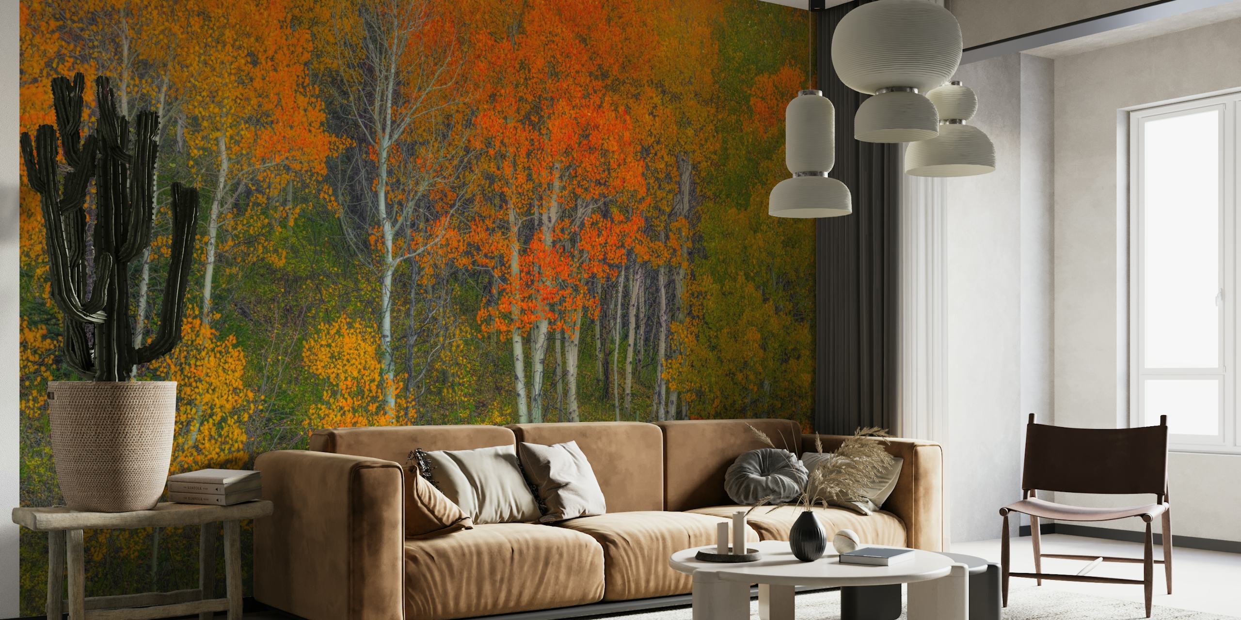 Wall mural with autumn forest scene featuring bright oranges, reds, and yellows