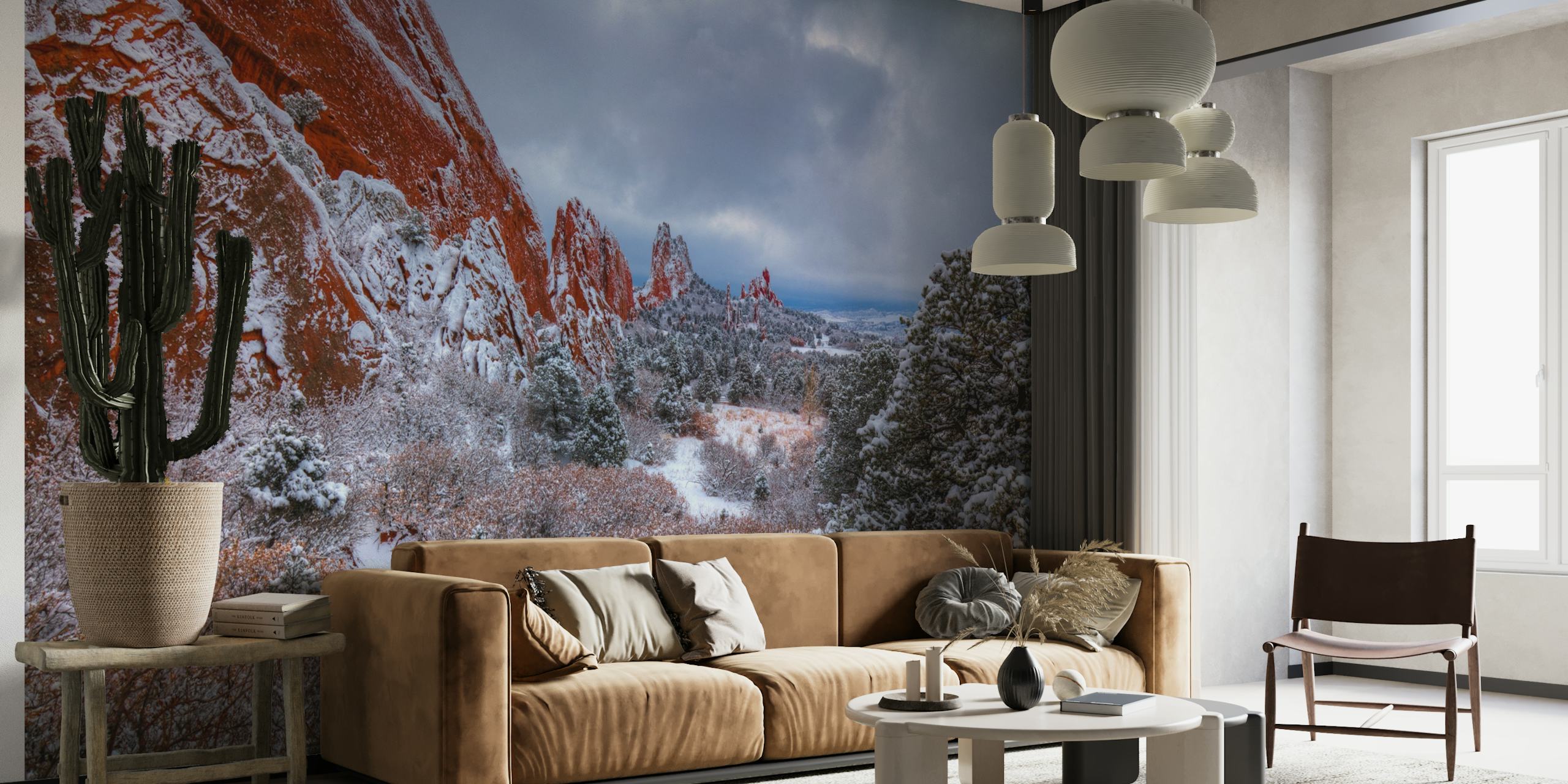 Winter landscape wall mural with snowy cliffs and forest