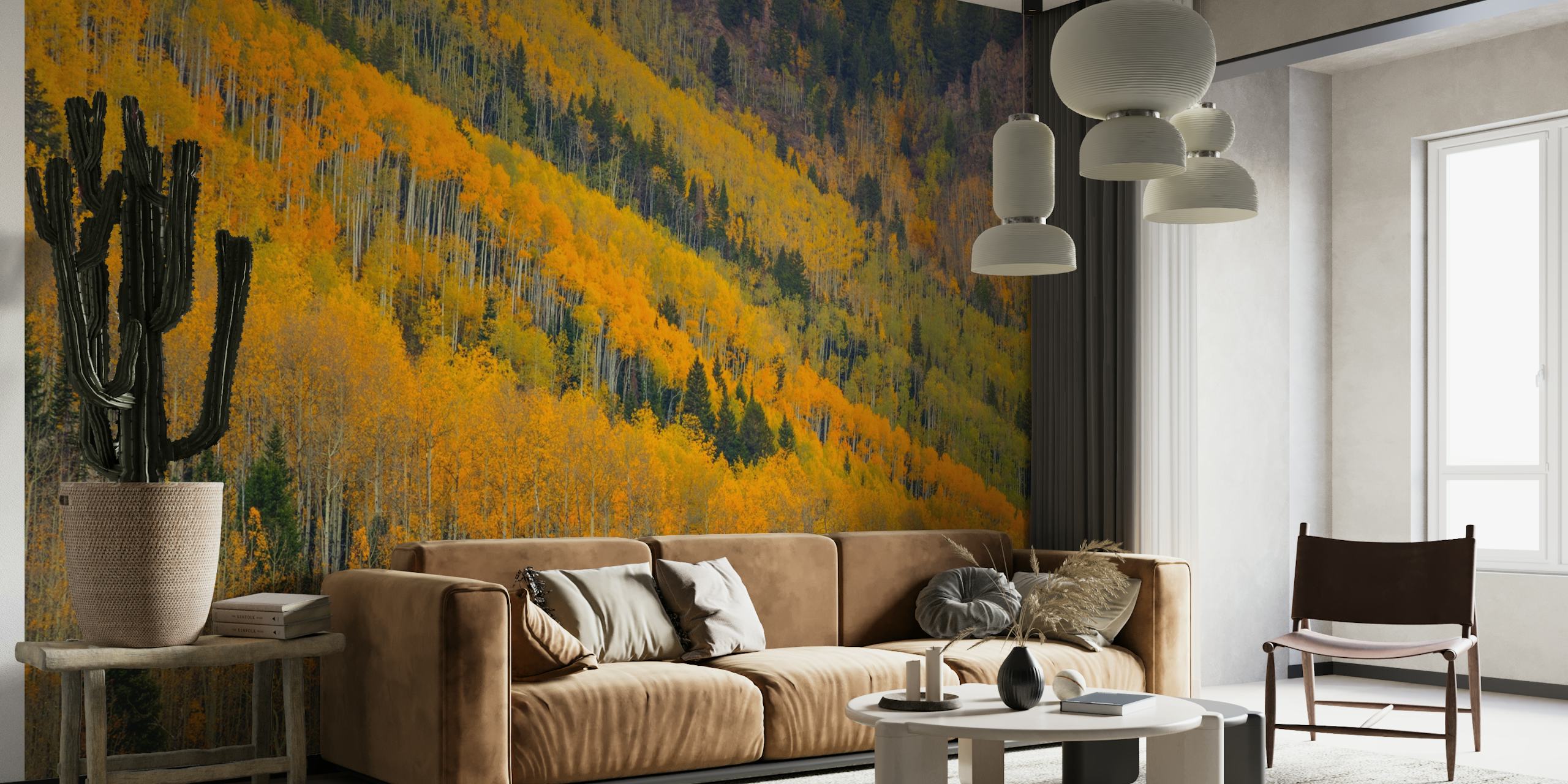 Autumn Rows vægmaleri med livlige efterårsfarver og trælinjer