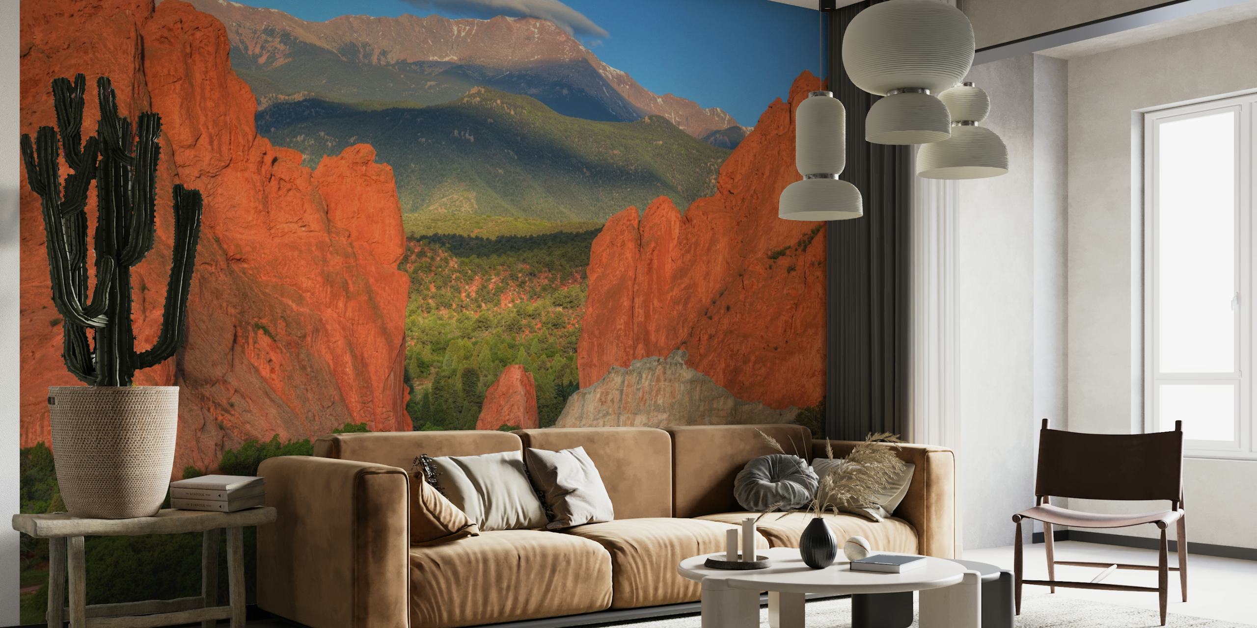 Mountain landscape wall mural with warm golden light and red rock formations