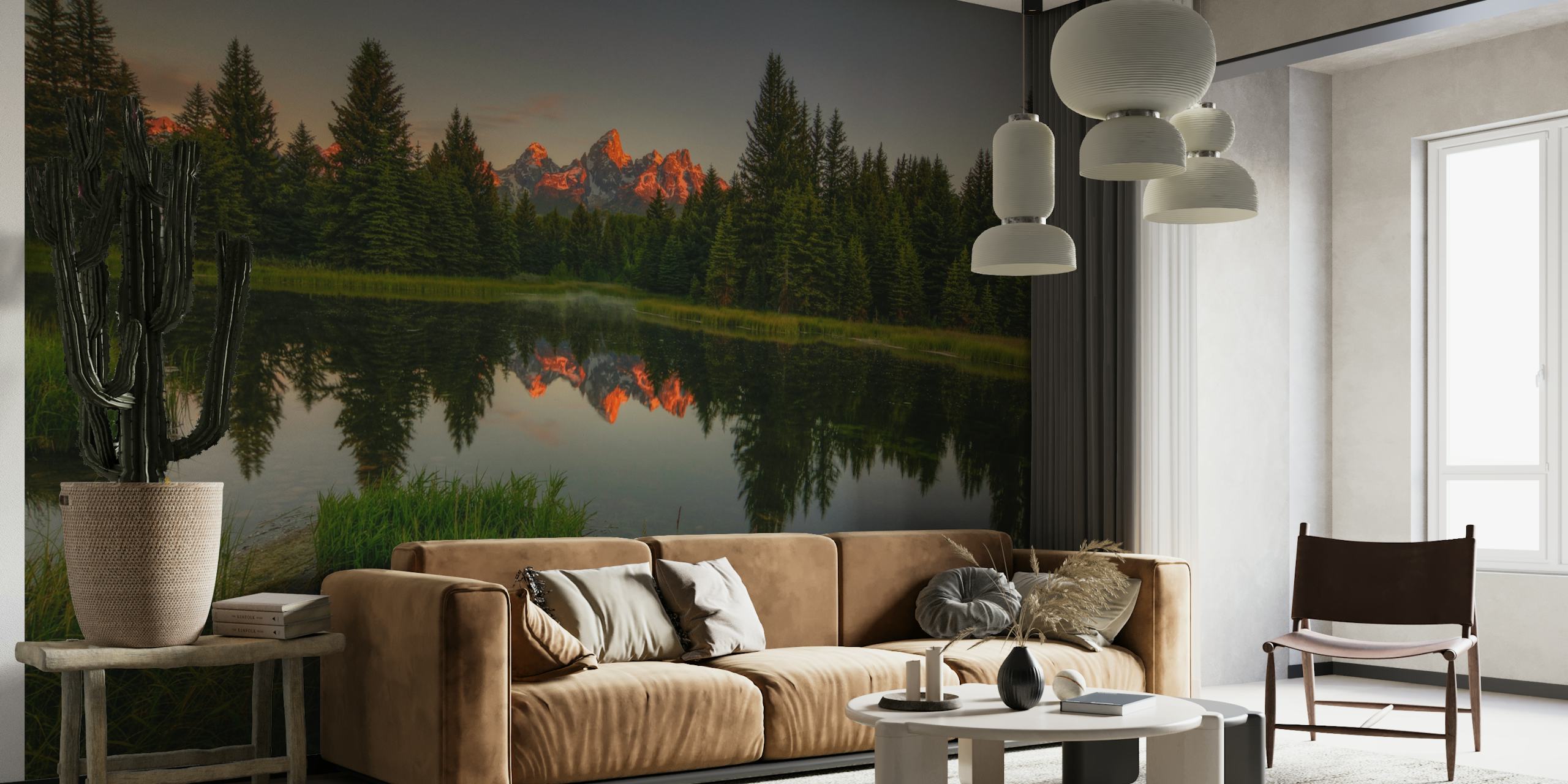 Papier peint mural au lever du soleil de la chaîne de montagnes de Grand Teton avec de l'eau réfléchissante