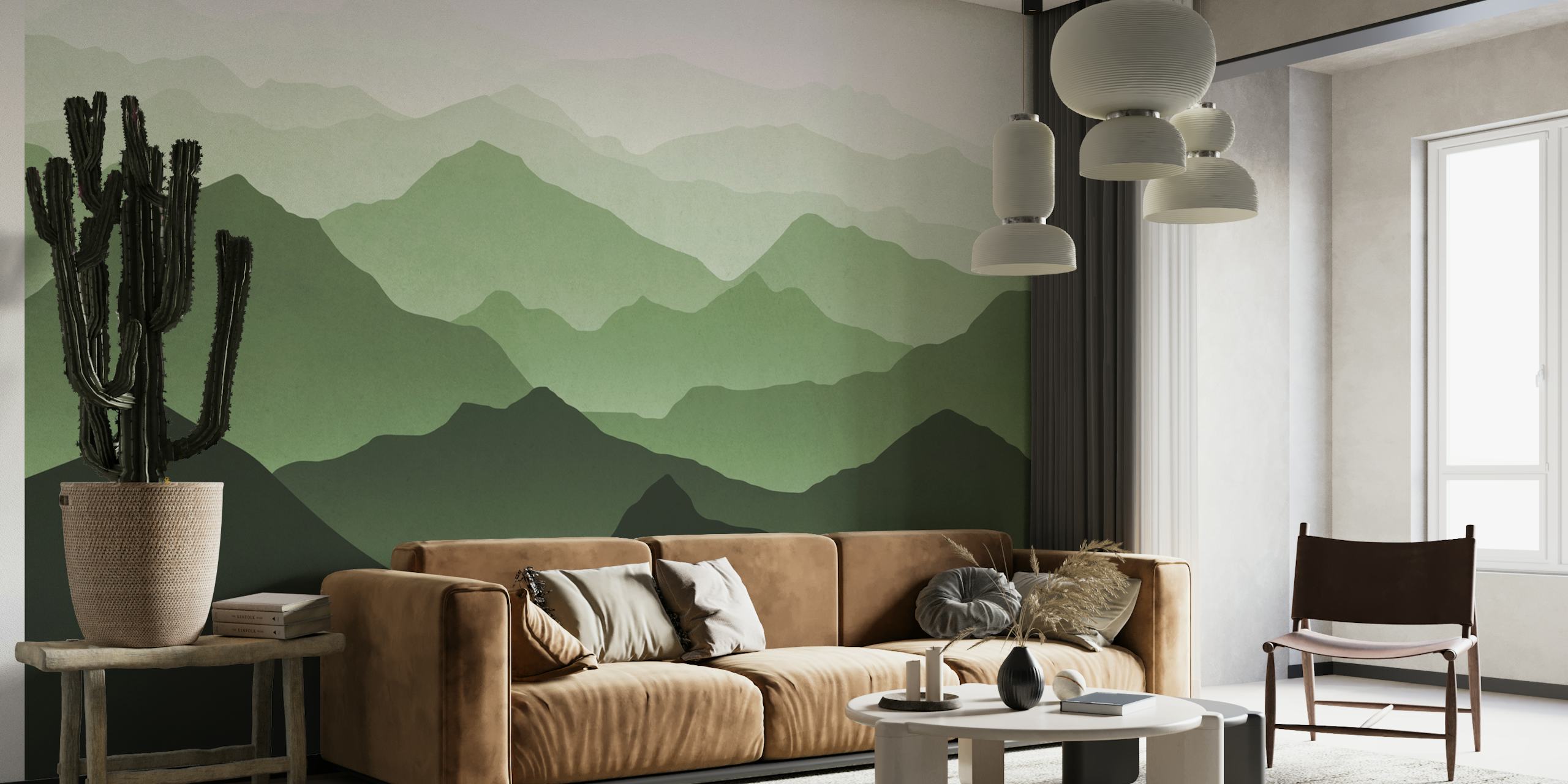 Layered green mountains in various shades, minimalist design wallpaper