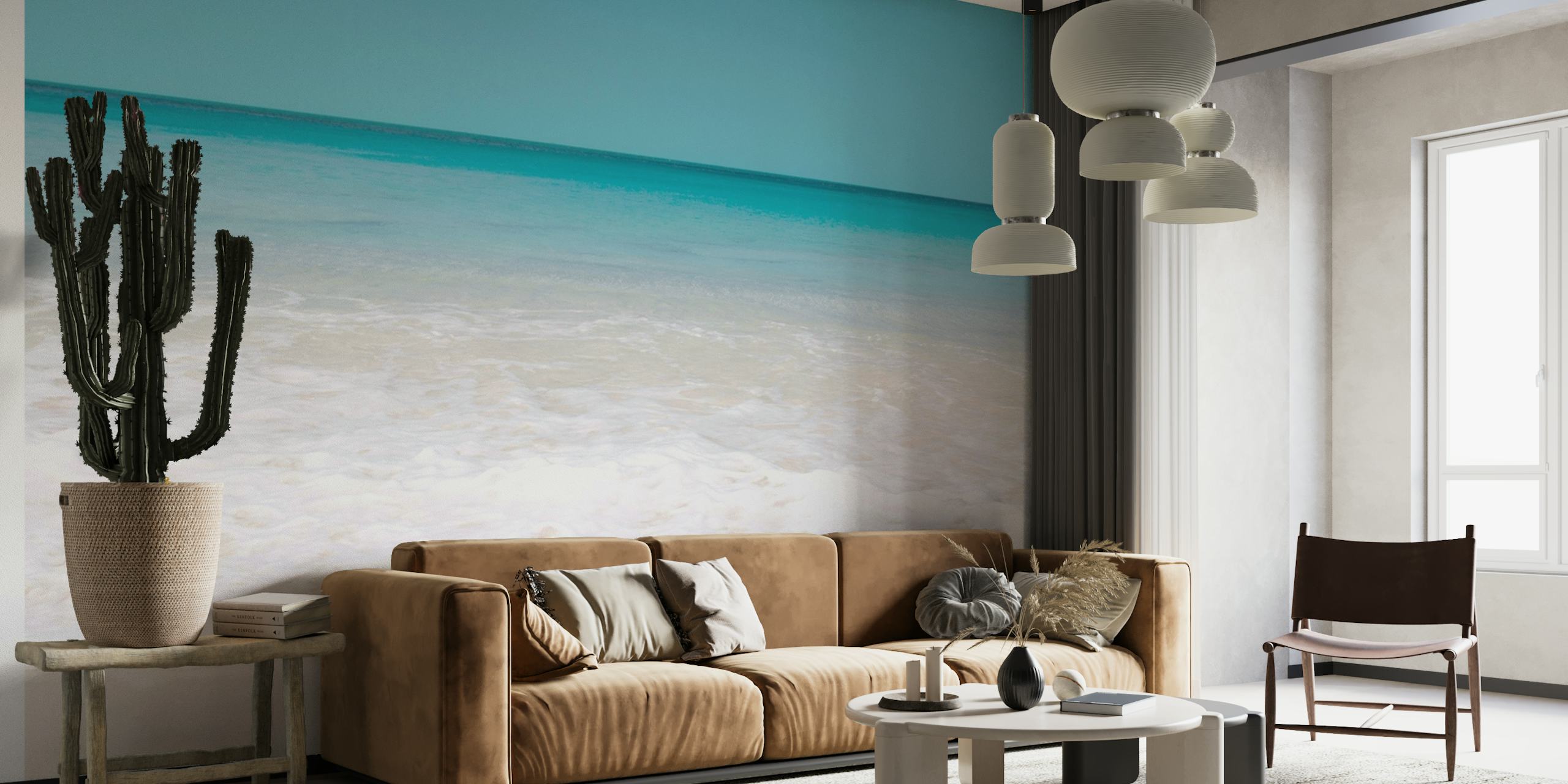 Fototapete mit karibischem Strand, die weißen Sand und türkisfarbenes Meerwasser zeigt