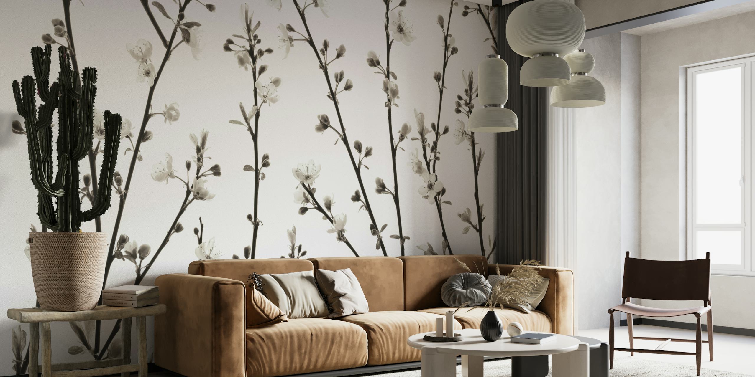 Black and white floral branches wallpaper