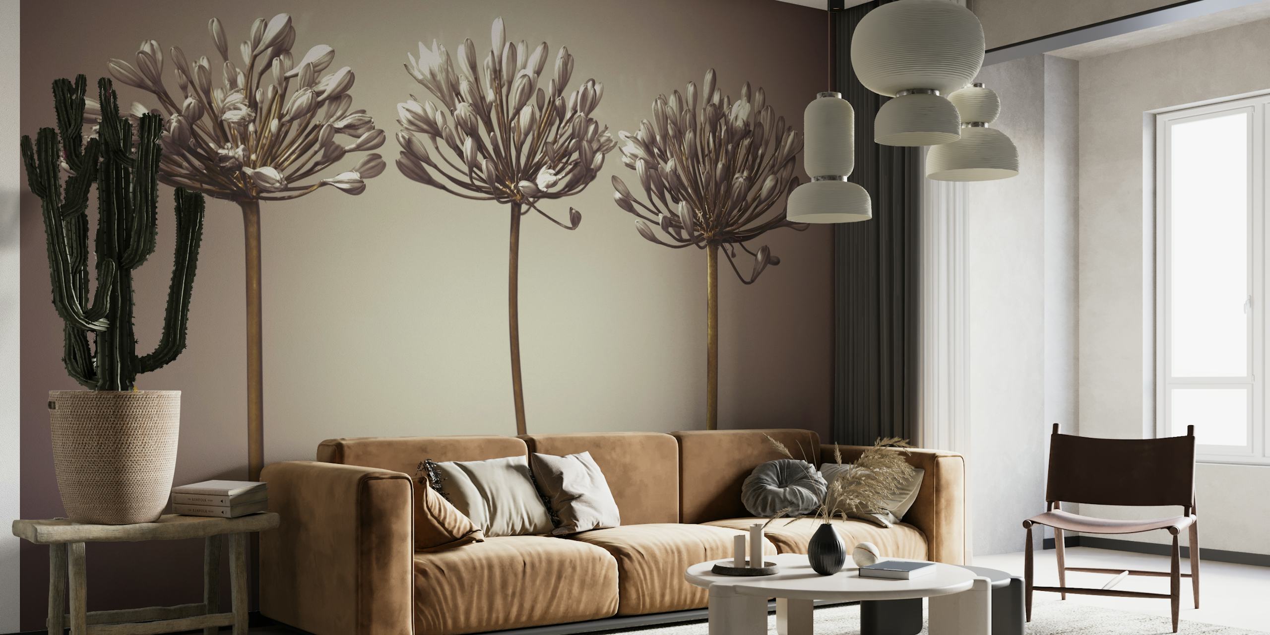 Three stylized African Lilies wall mural in a monochrome palette
