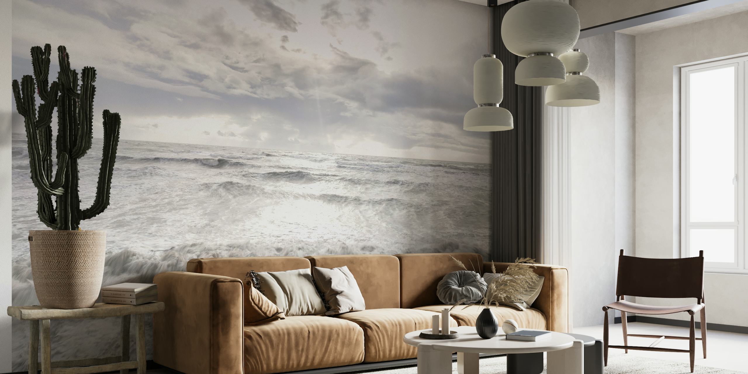 Rough waves and cloudy sky in shades of gray and blue wallpaper