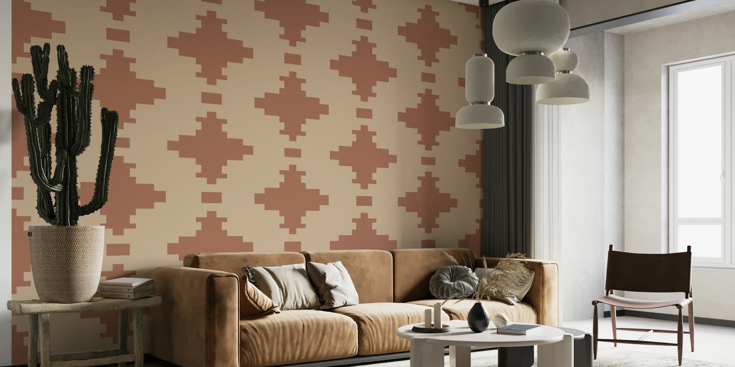 Urban tribal patterned mural in beige and brown