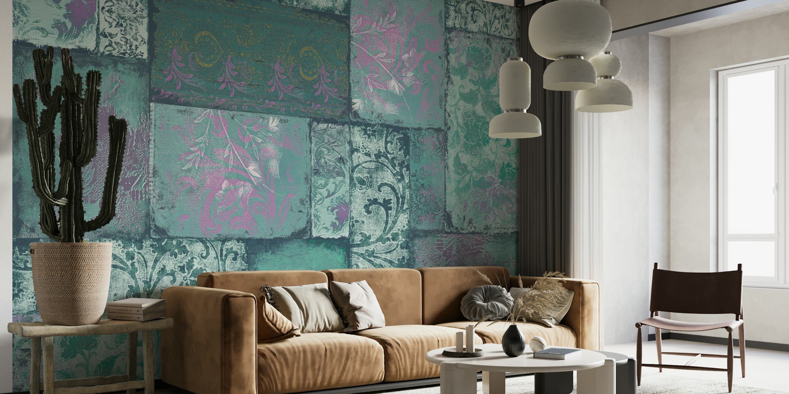 Patchwork design with floral elements in green and purple wallpaper