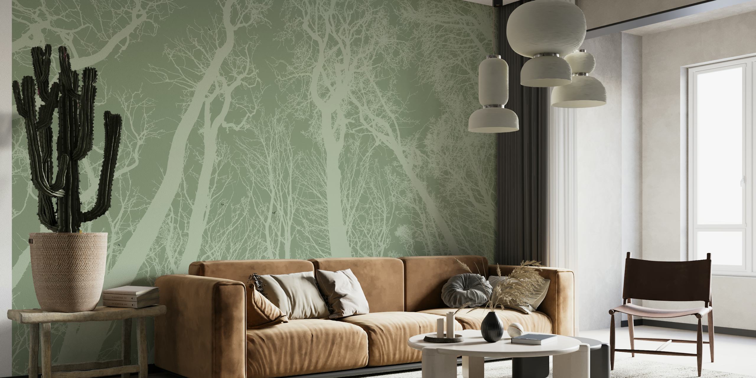 Bare tree branches against soft green background wallpaper