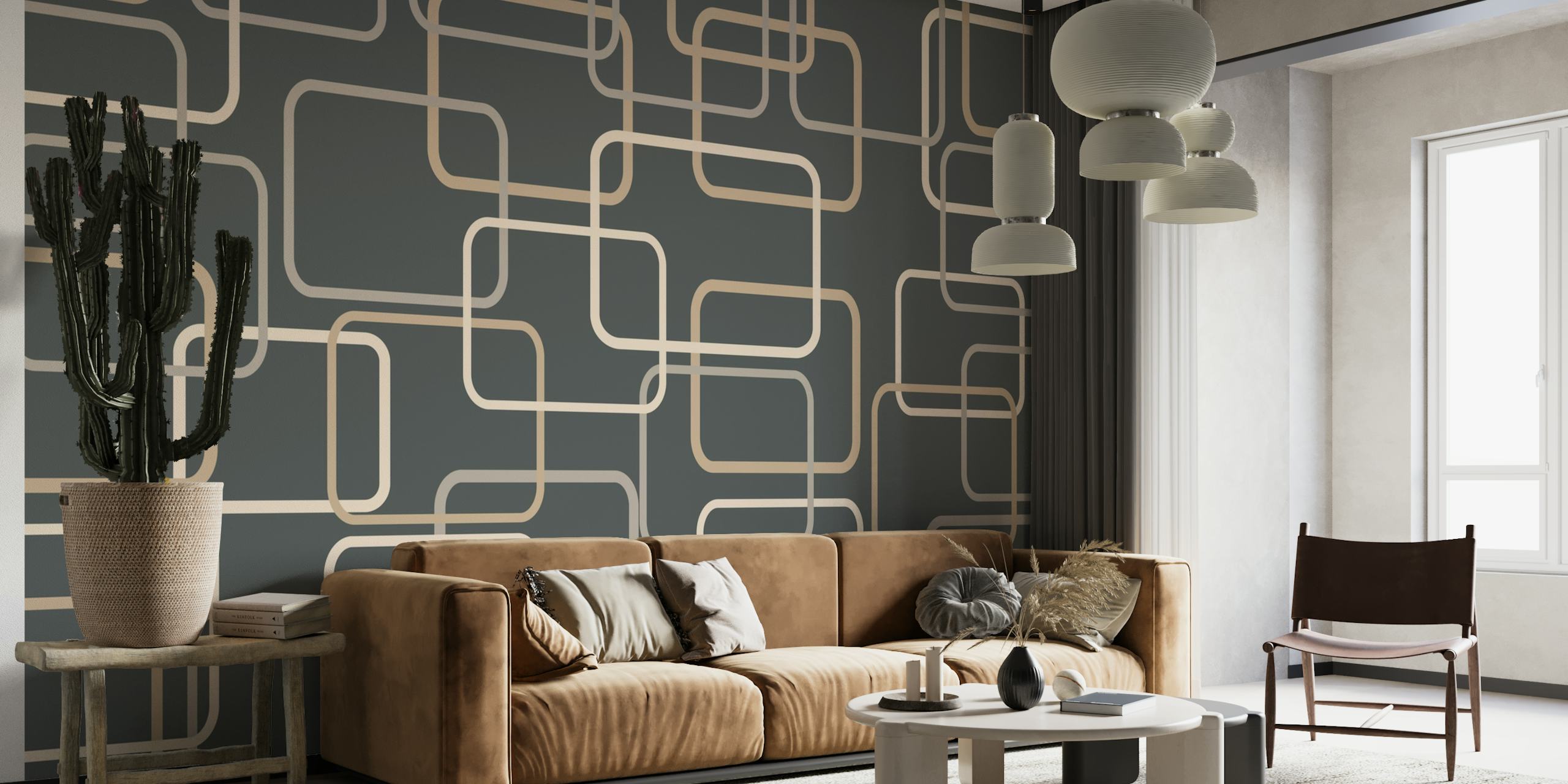 Midcentury geometric patterned wall mural in shades of gray, cream, and beige