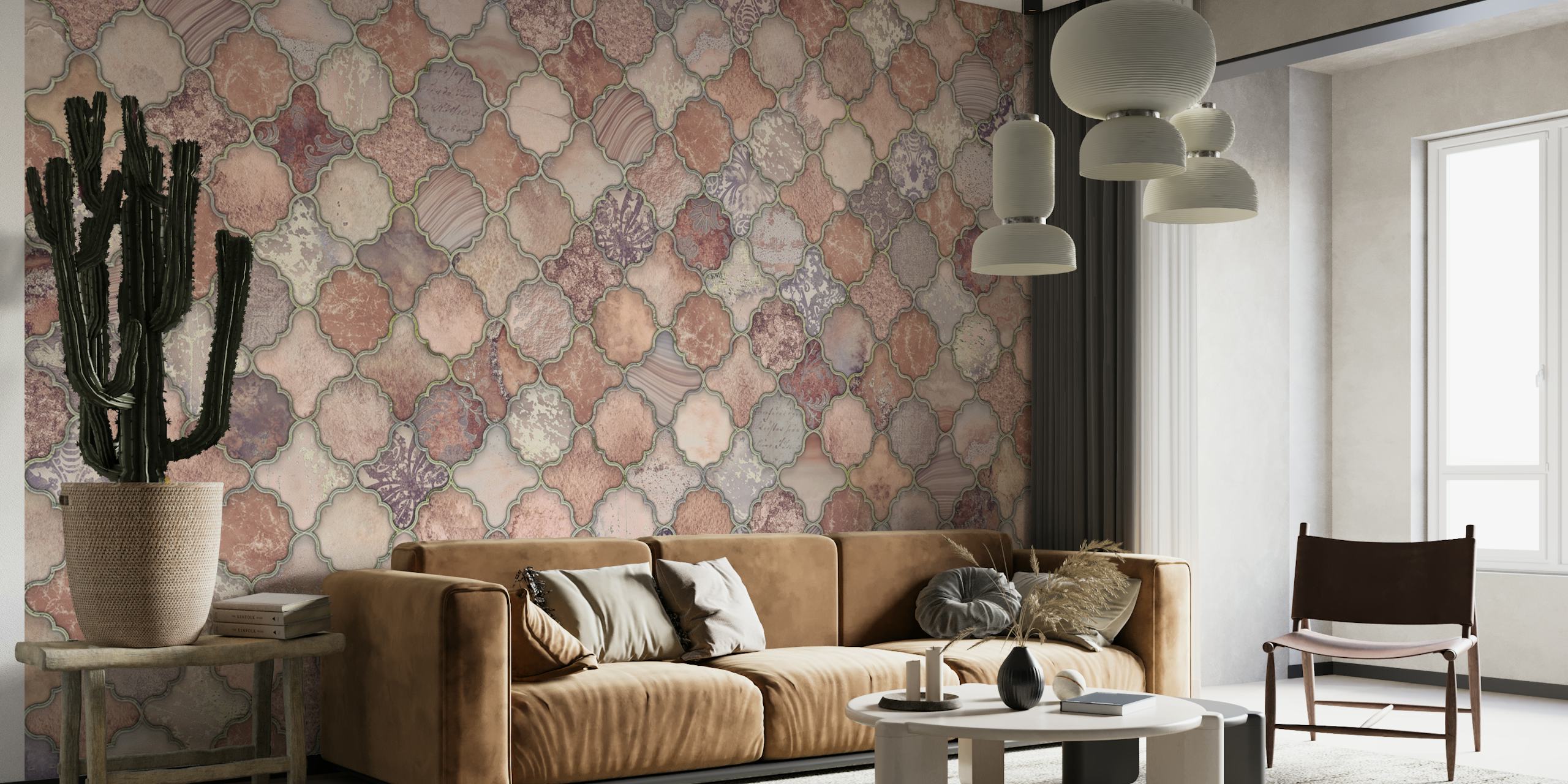 Moroccan Tiles Salmon Pastels em um quarto