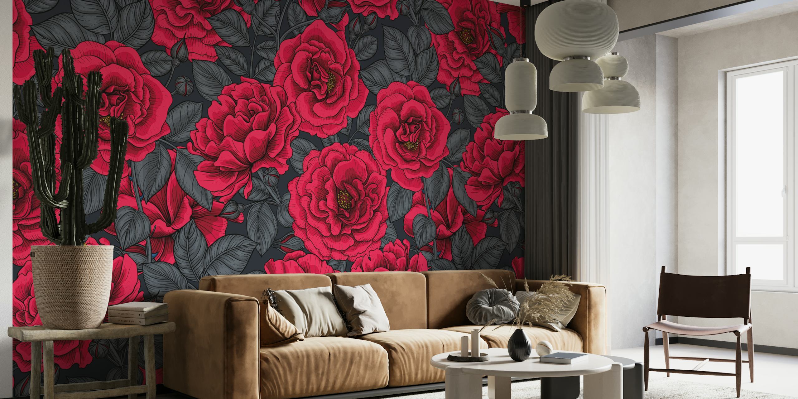 Red roses with green leaves on dark background wallpaper