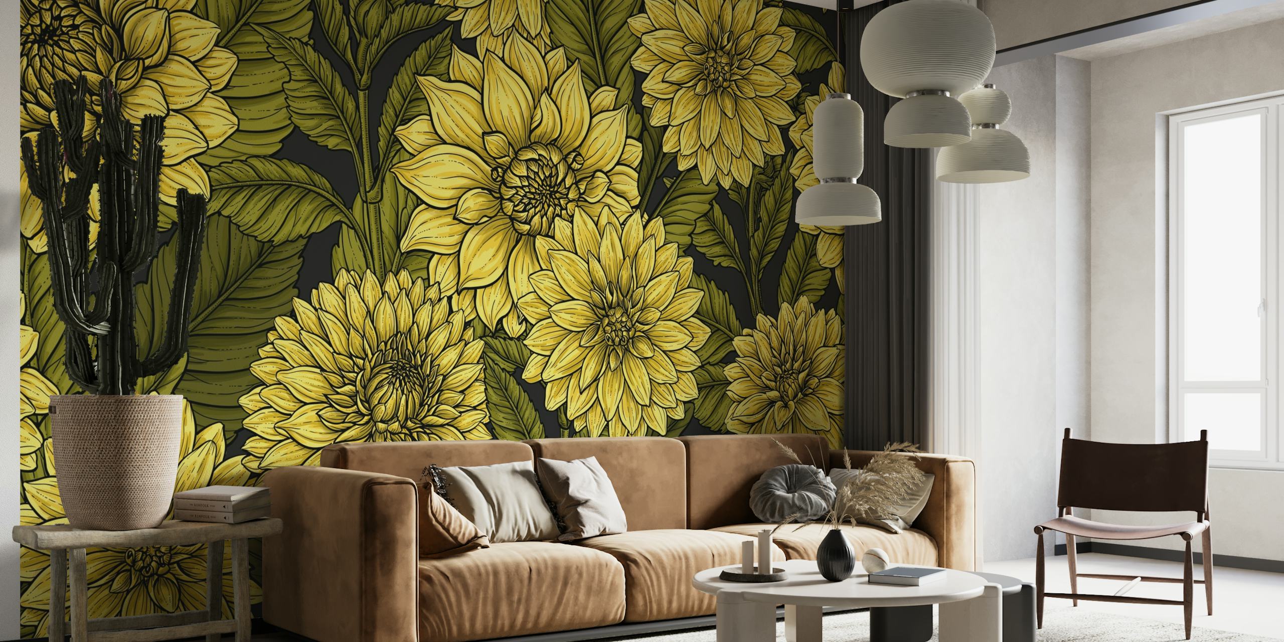 Gule dahlia blomster på mørk baggrund vægmaleri