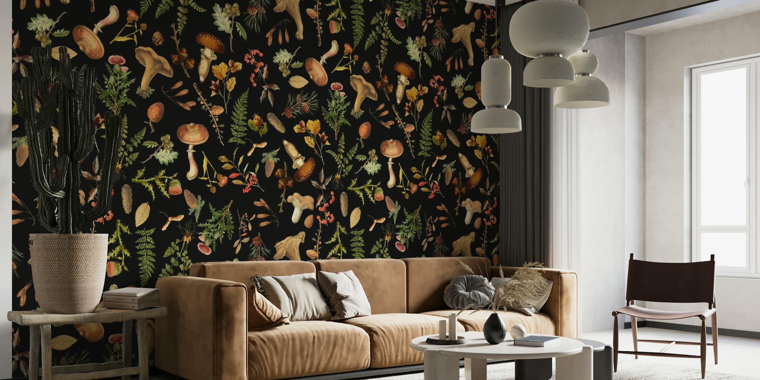 Vintage-inspired wall mural featuring an array of mushrooms set against a dark background, creating a forest-like scene.
