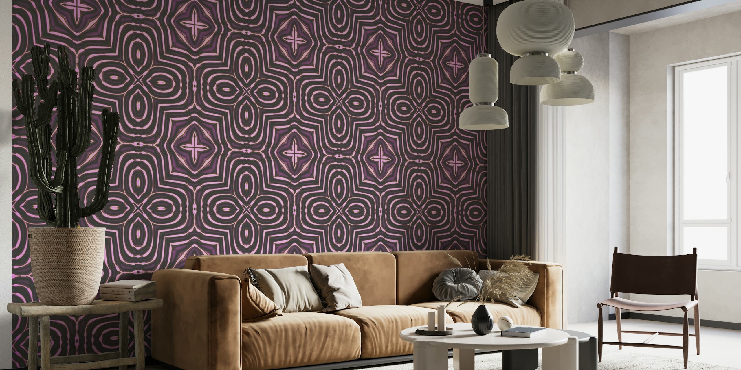 Mural de parede com padrão de azulejos orientais com desenhos geométricos intrincados em tons roxos