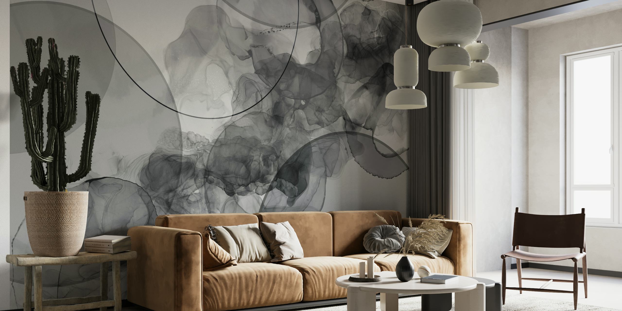 Abstract grey alcohol ink art wall mural with smokey hues and swirling tones