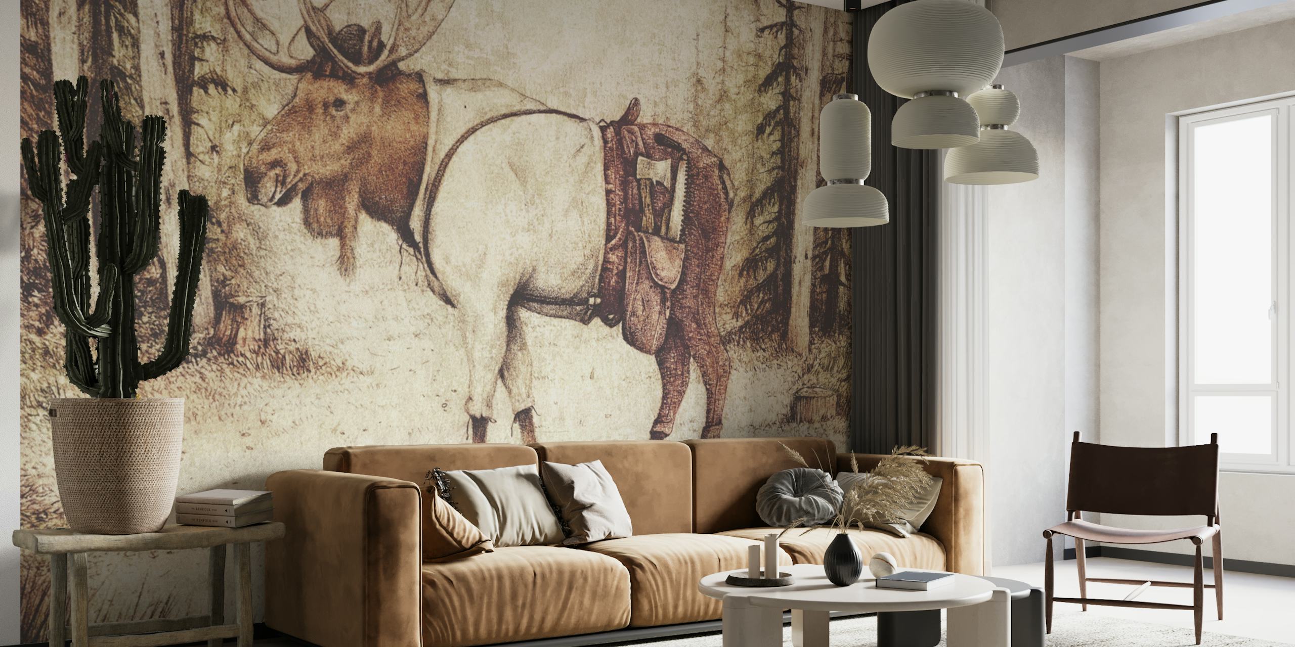 Whimsical moose standing in a forest with muted colors wallpaper