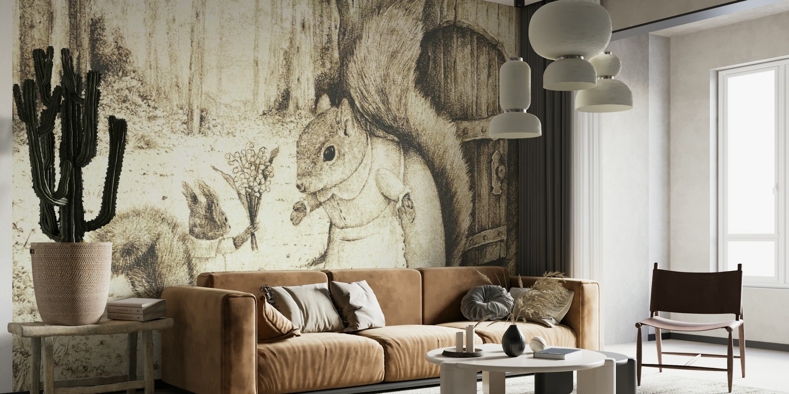 Muurschildering in schetsstijl van een moeder-eekhoorn met haar jongen op Happywall.com